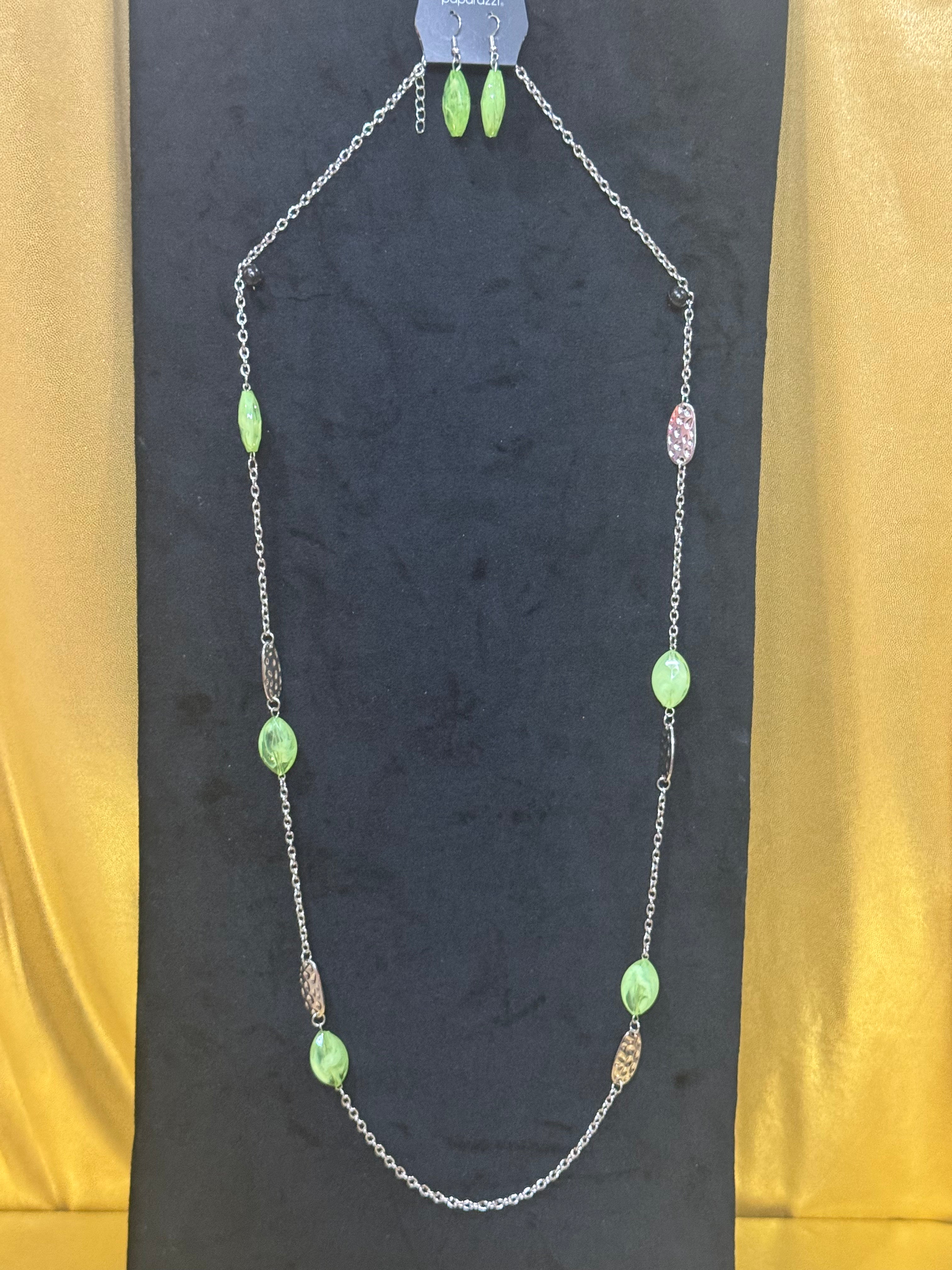 Paparazzi "Beachfront Beauty" Green Bead & Hammered Silver Long Necklace Set