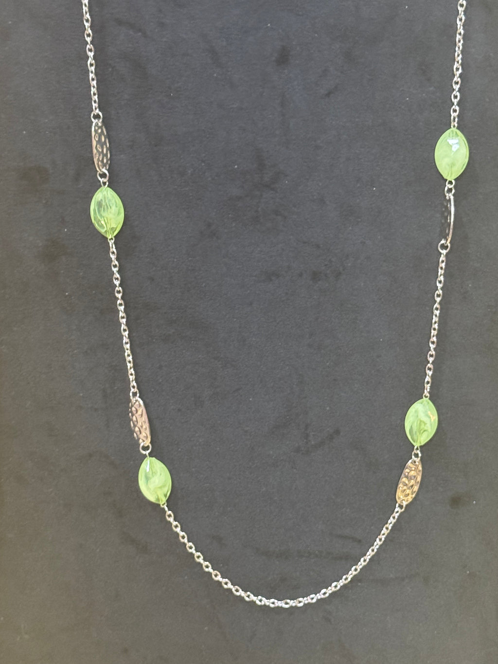 Paparazzi "Beachfront Beauty" Green Bead & Hammered Silver Long Necklace Set