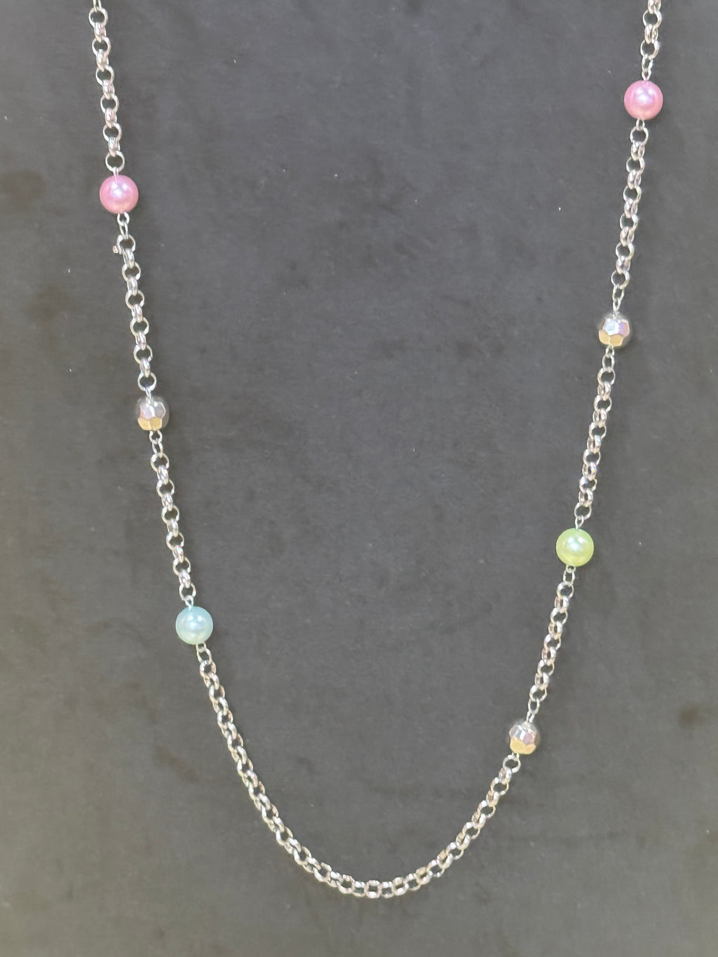 Vintage Paparazzi Long Silver Link Necklace & Earring Set – Pastel Pearls