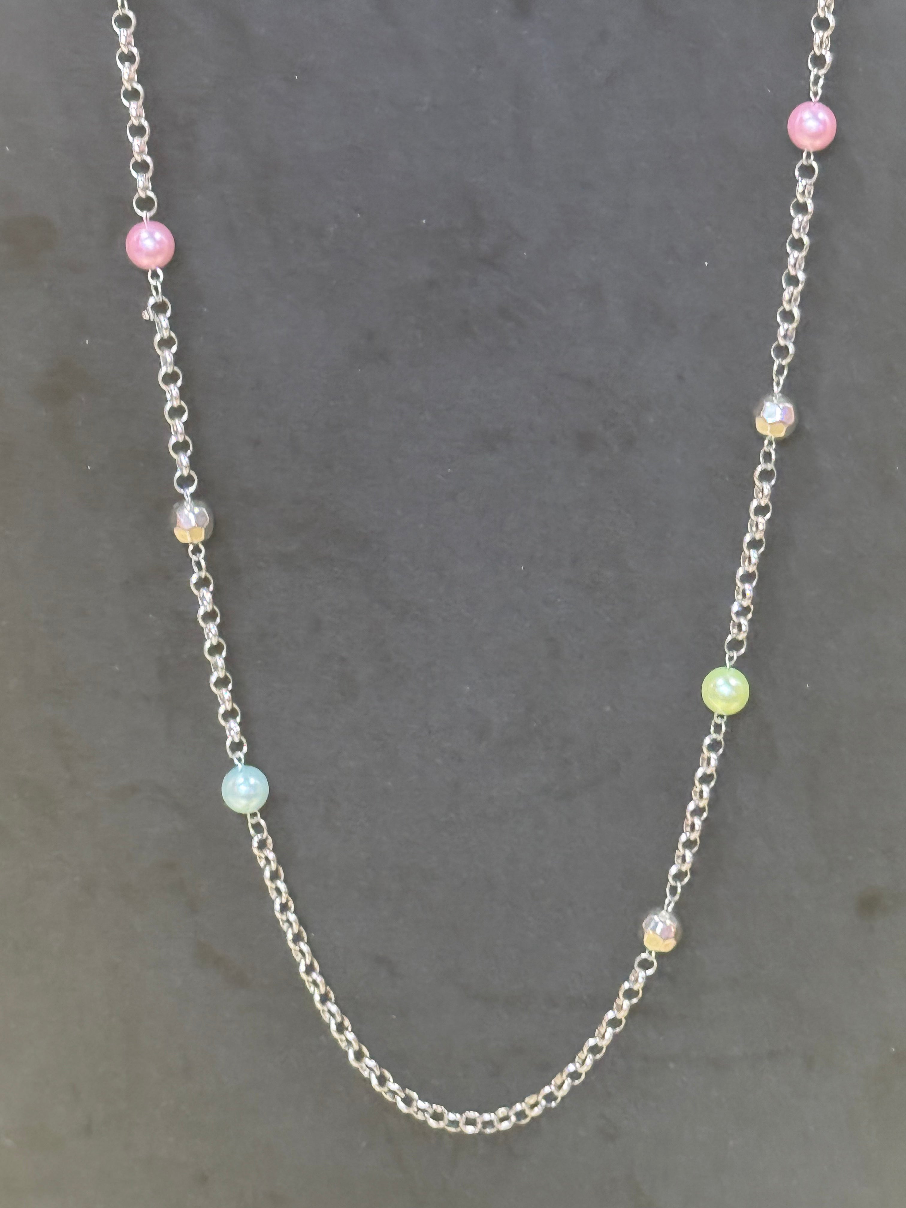 Vintage Paparazzi Long Silver Link Necklace & Earring Set – Pastel Pearls