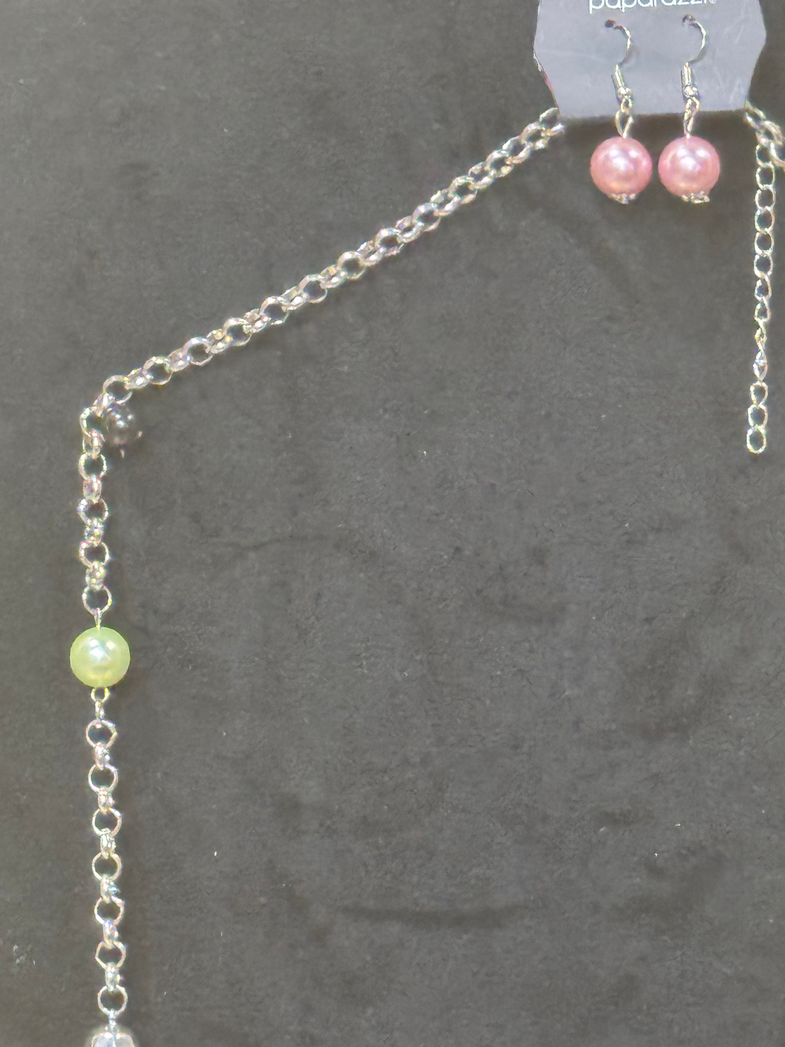 Vintage Paparazzi Long Silver Link Necklace & Earring Set – Pastel Pearls