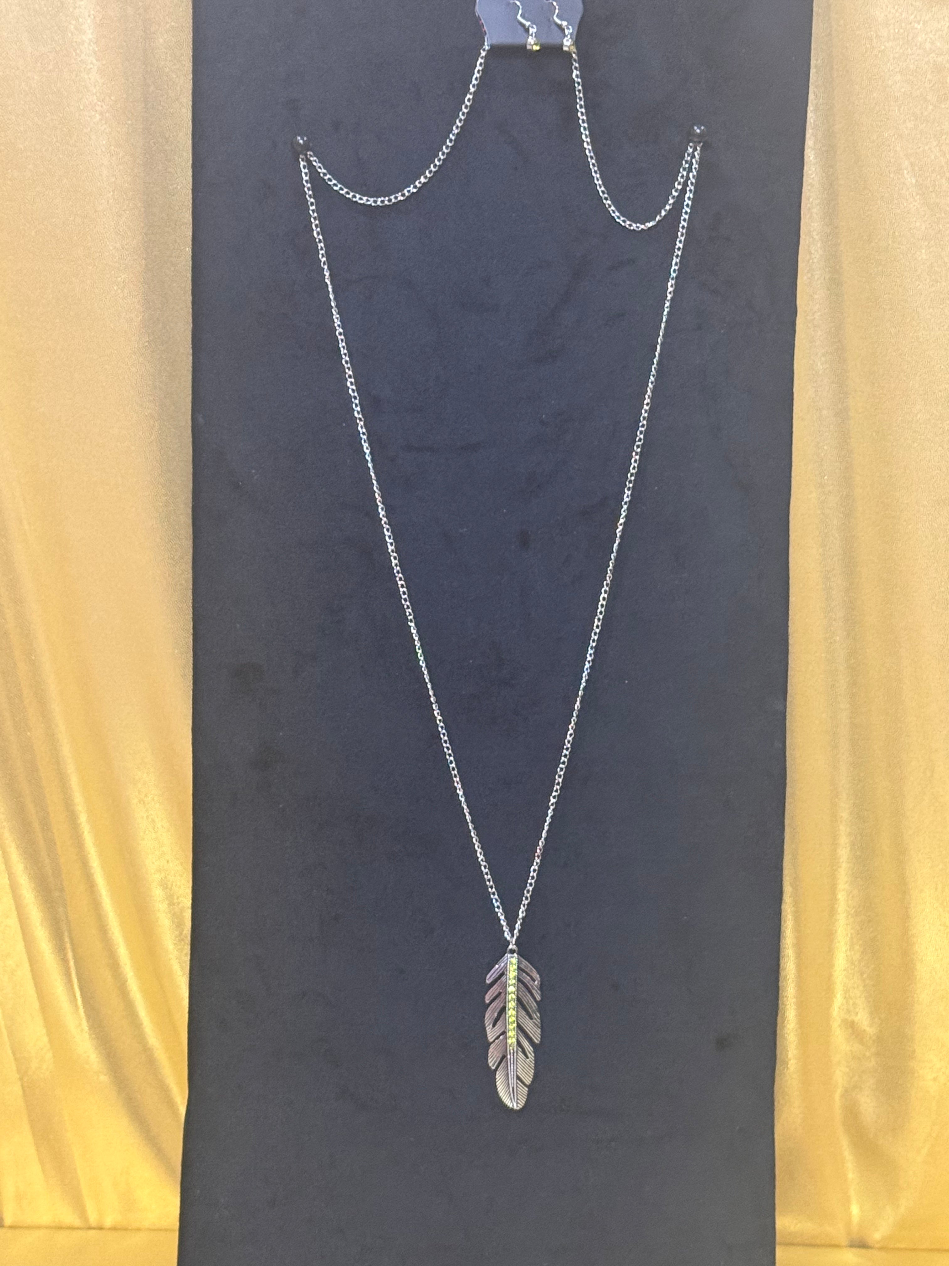 Paparazzi "Sky Quest" Green Rhinestone Silver Feather Long Necklace Set