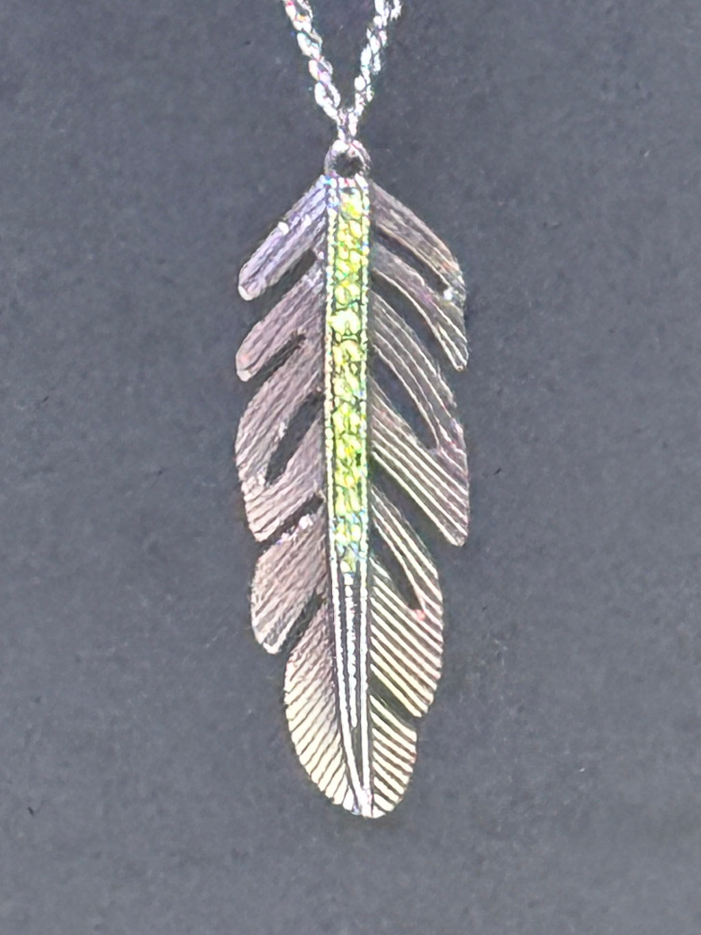 Paparazzi "Sky Quest" Green Rhinestone Silver Feather Long Necklace Set