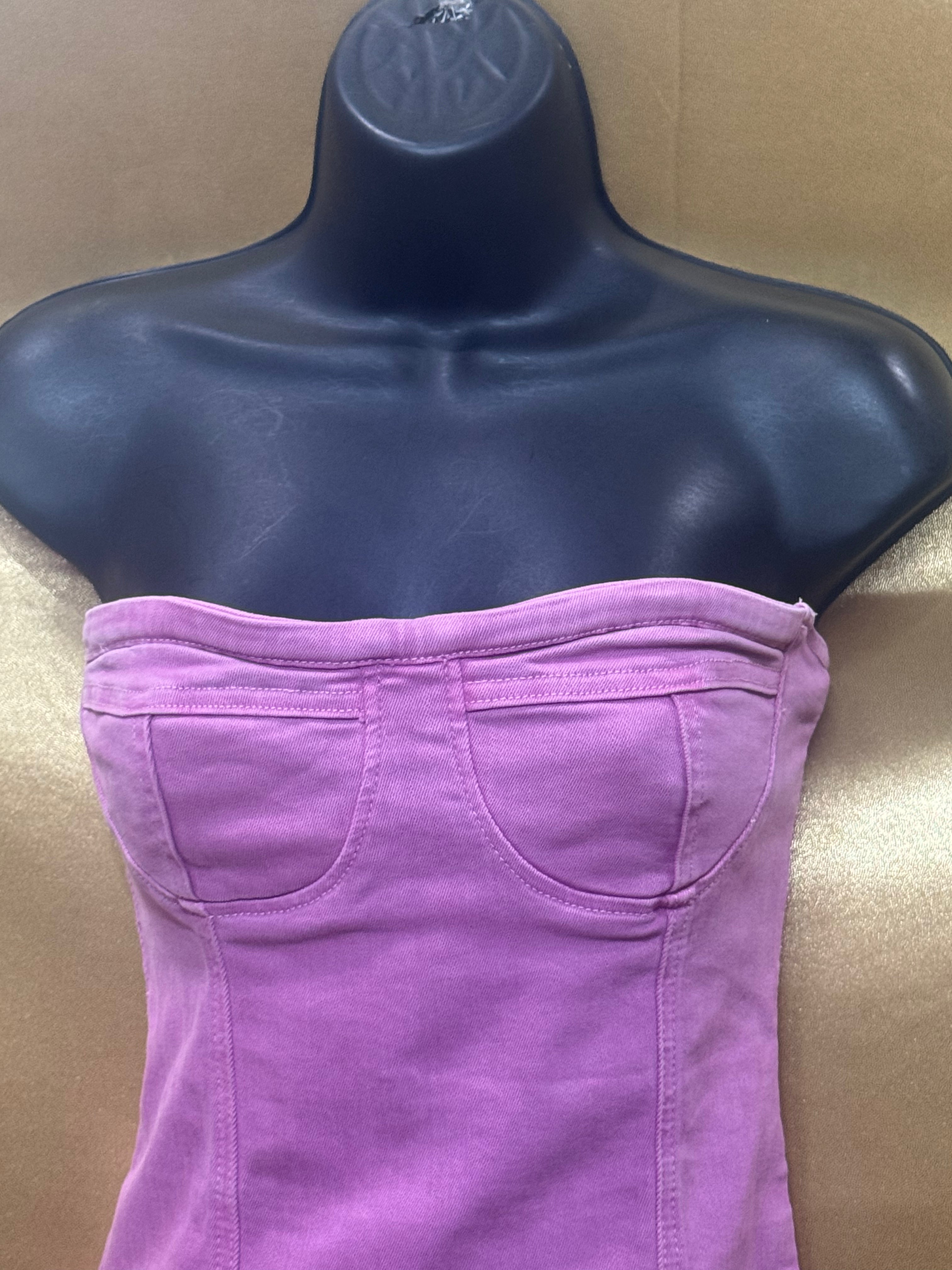 Superdown Pink Denim Strapless Bustier Crop Top - Small