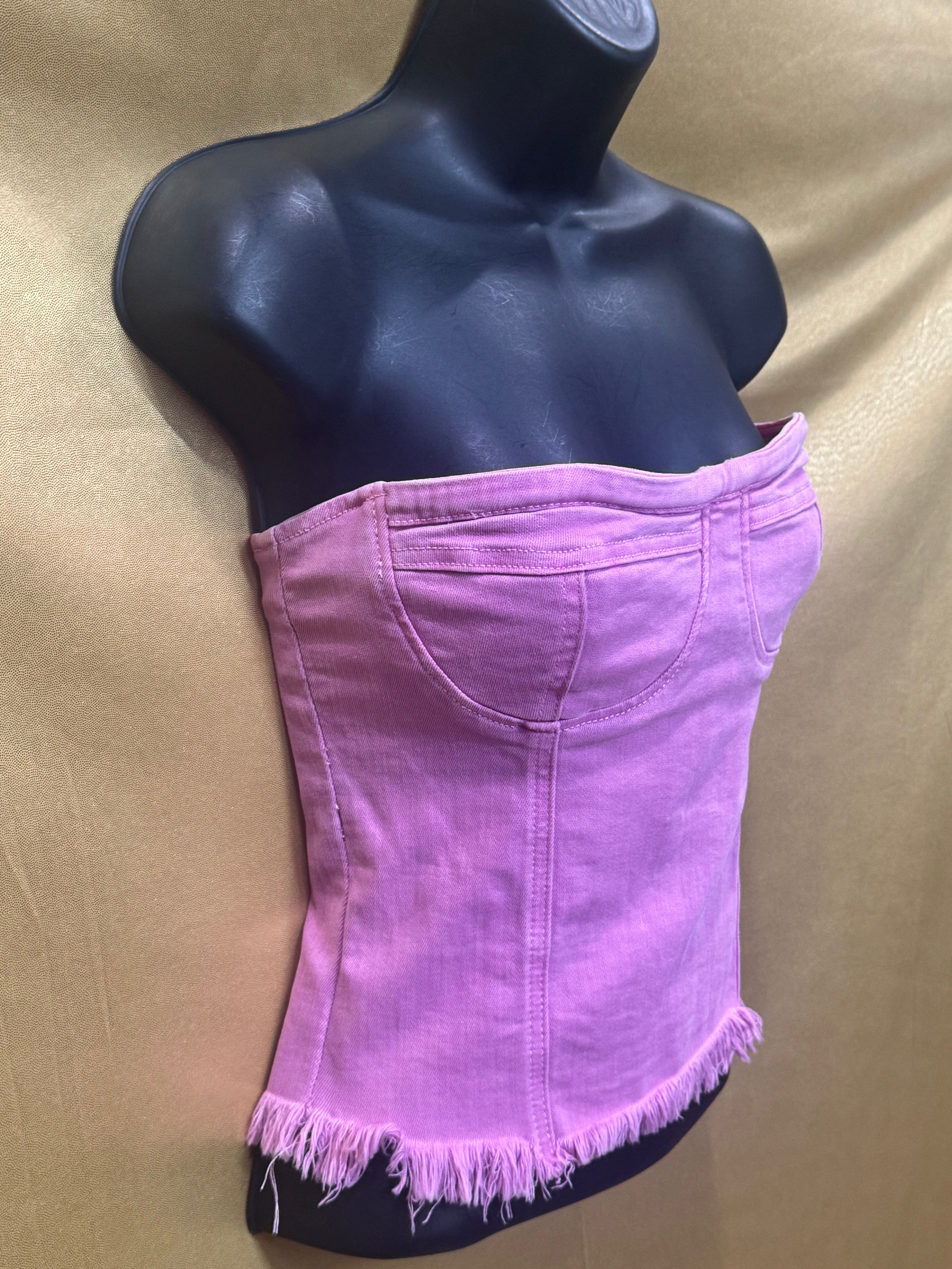 Superdown Pink Denim Strapless Bustier Crop Top - Small