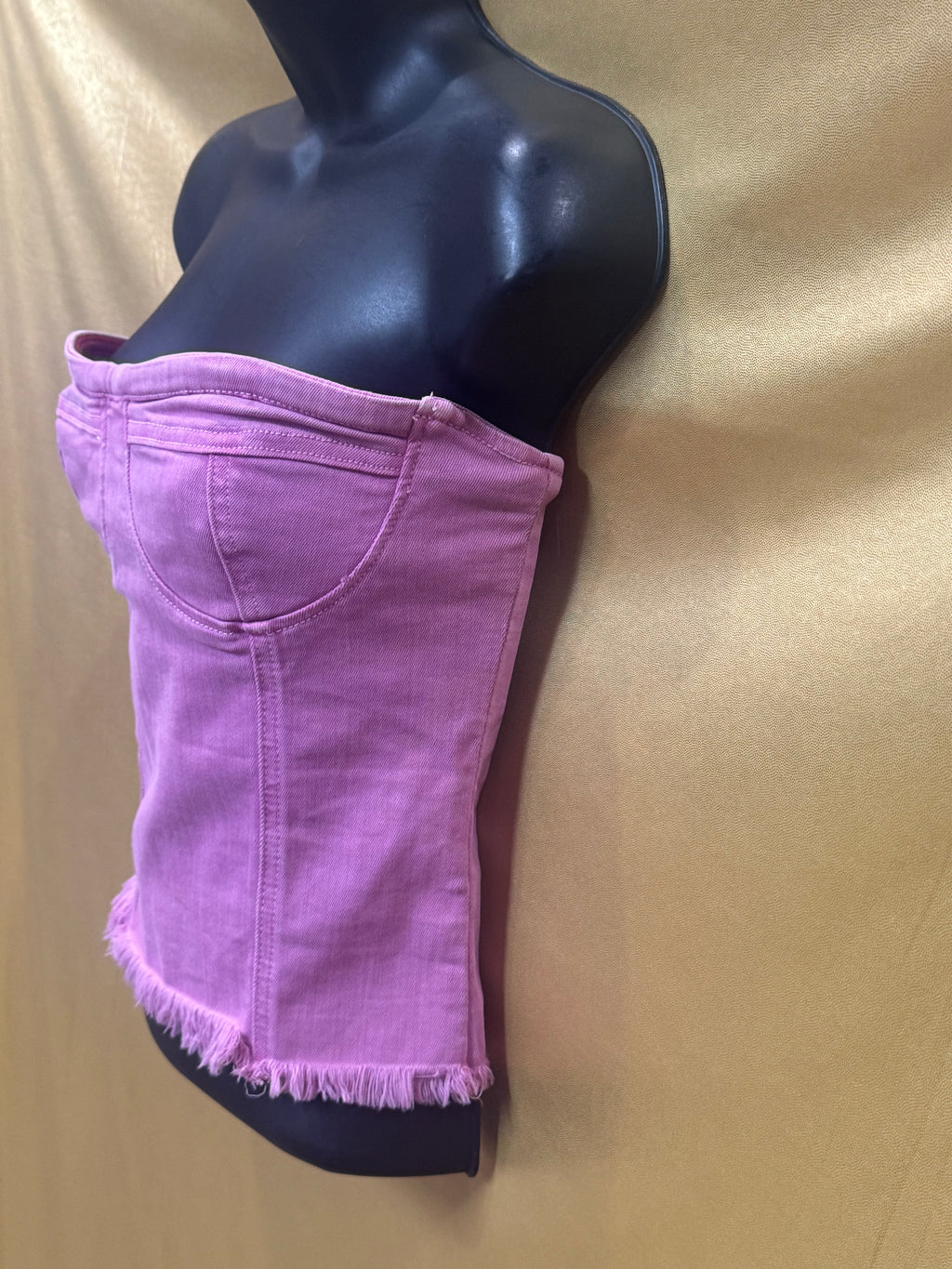 Superdown Pink Denim Strapless Bustier Crop Top - Small