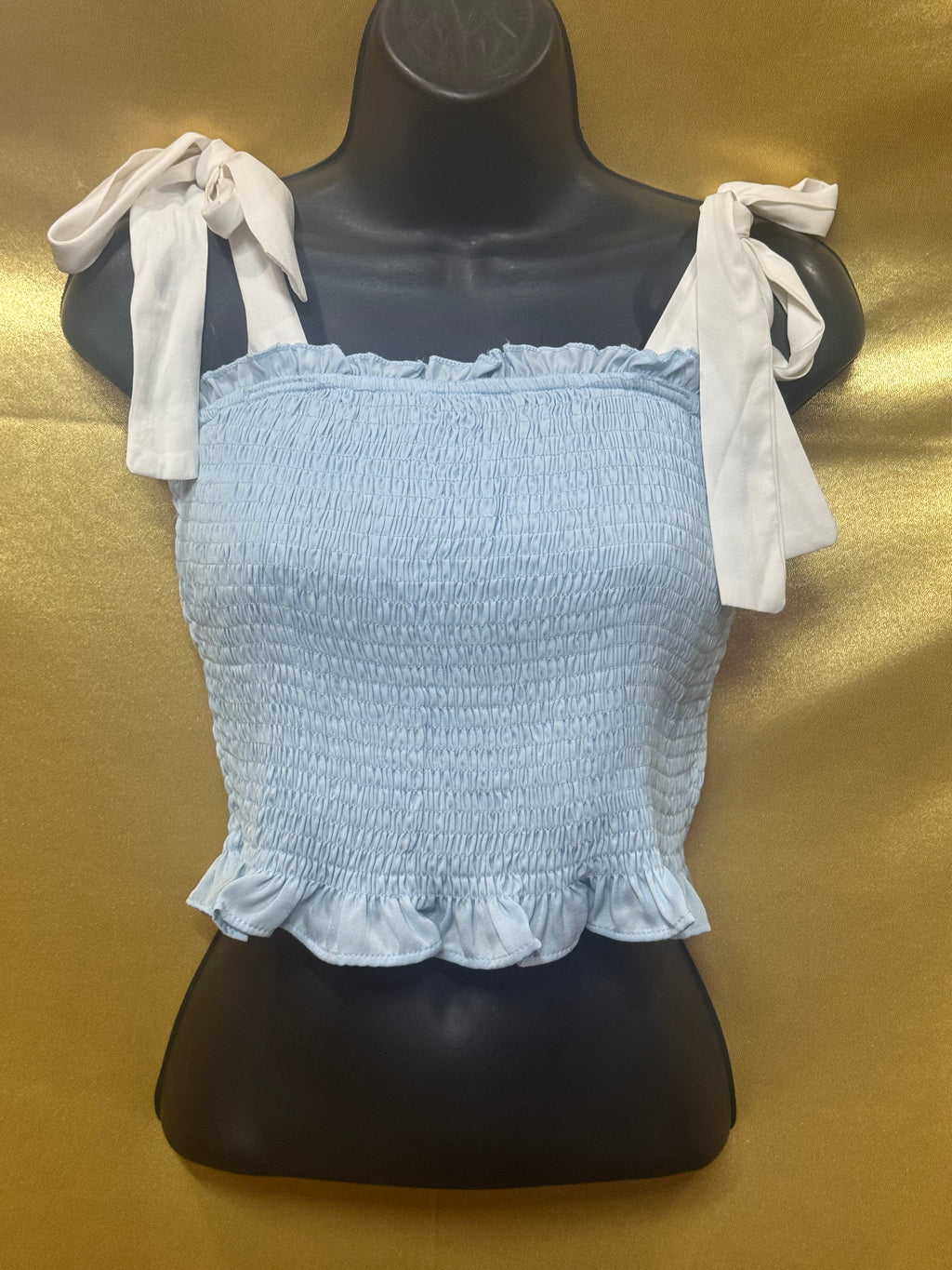 TCEC Light Blue Smocked Crop Top - Size S (Tie-Shoulder, Ruffled Trim)