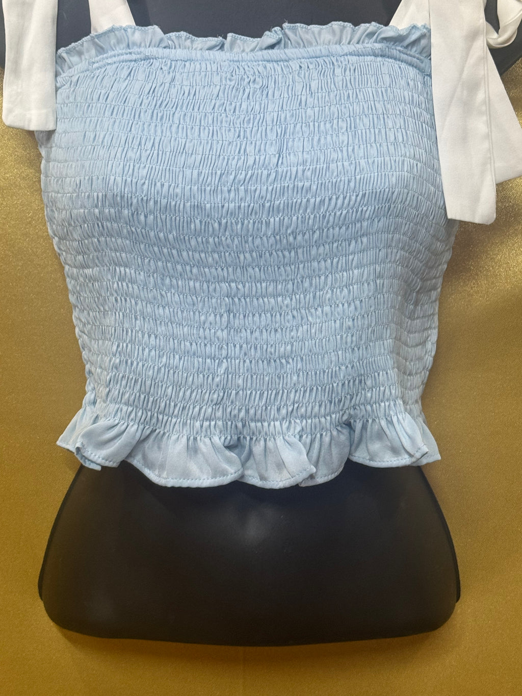TCEC Light Blue Smocked Crop Top - Size S (Tie-Shoulder, Ruffled Trim)