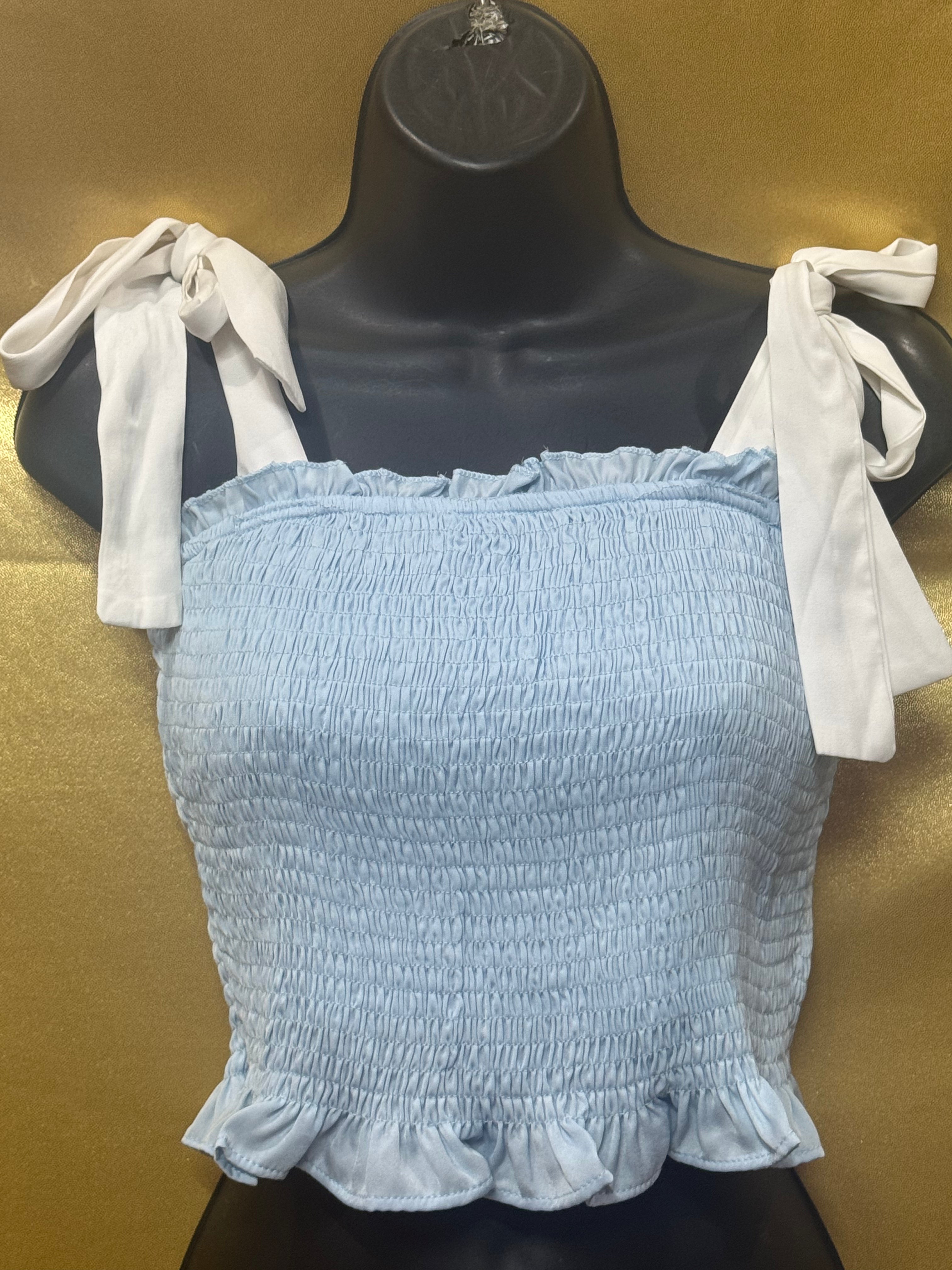 TCEC Light Blue Smocked Crop Top - Size S (Tie-Shoulder, Ruffled Trim)