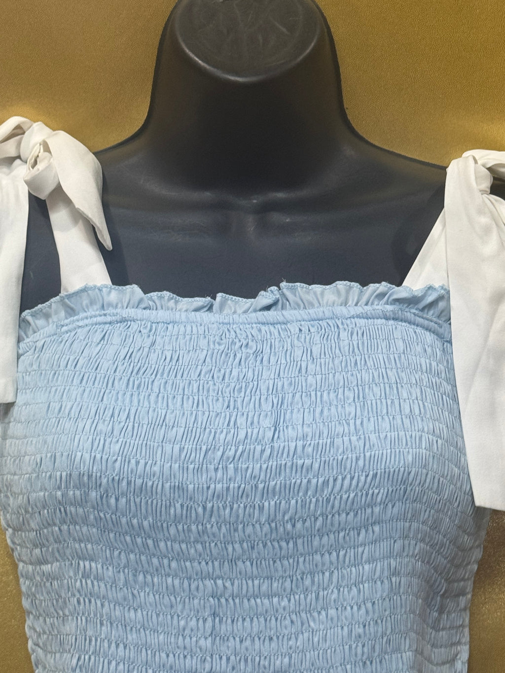 TCEC Light Blue Smocked Crop Top - Size S (Tie-Shoulder, Ruffled Trim)