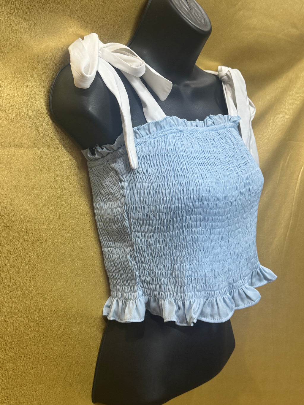 TCEC Light Blue Smocked Crop Top - Size S (Tie-Shoulder, Ruffled Trim)
