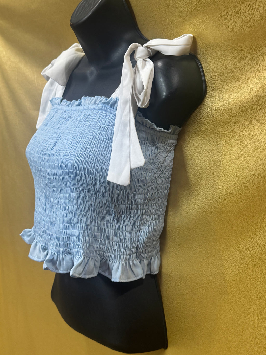 TCEC Light Blue Smocked Crop Top - Size S (Tie-Shoulder, Ruffled Trim)