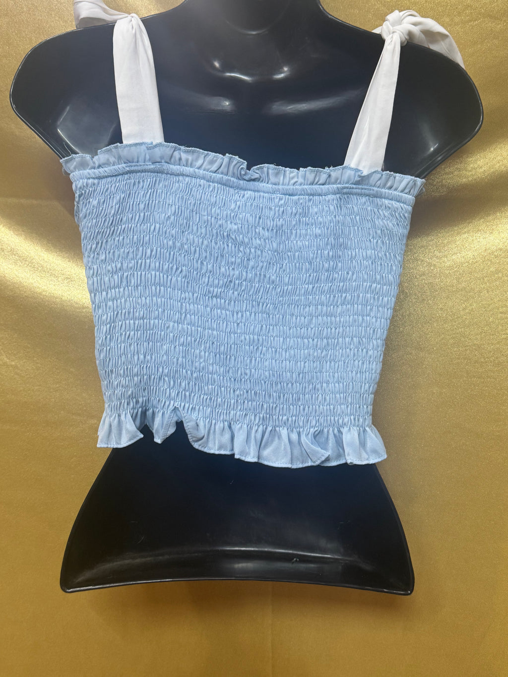 TCEC Light Blue Smocked Crop Top - Size S (Tie-Shoulder, Ruffled Trim)