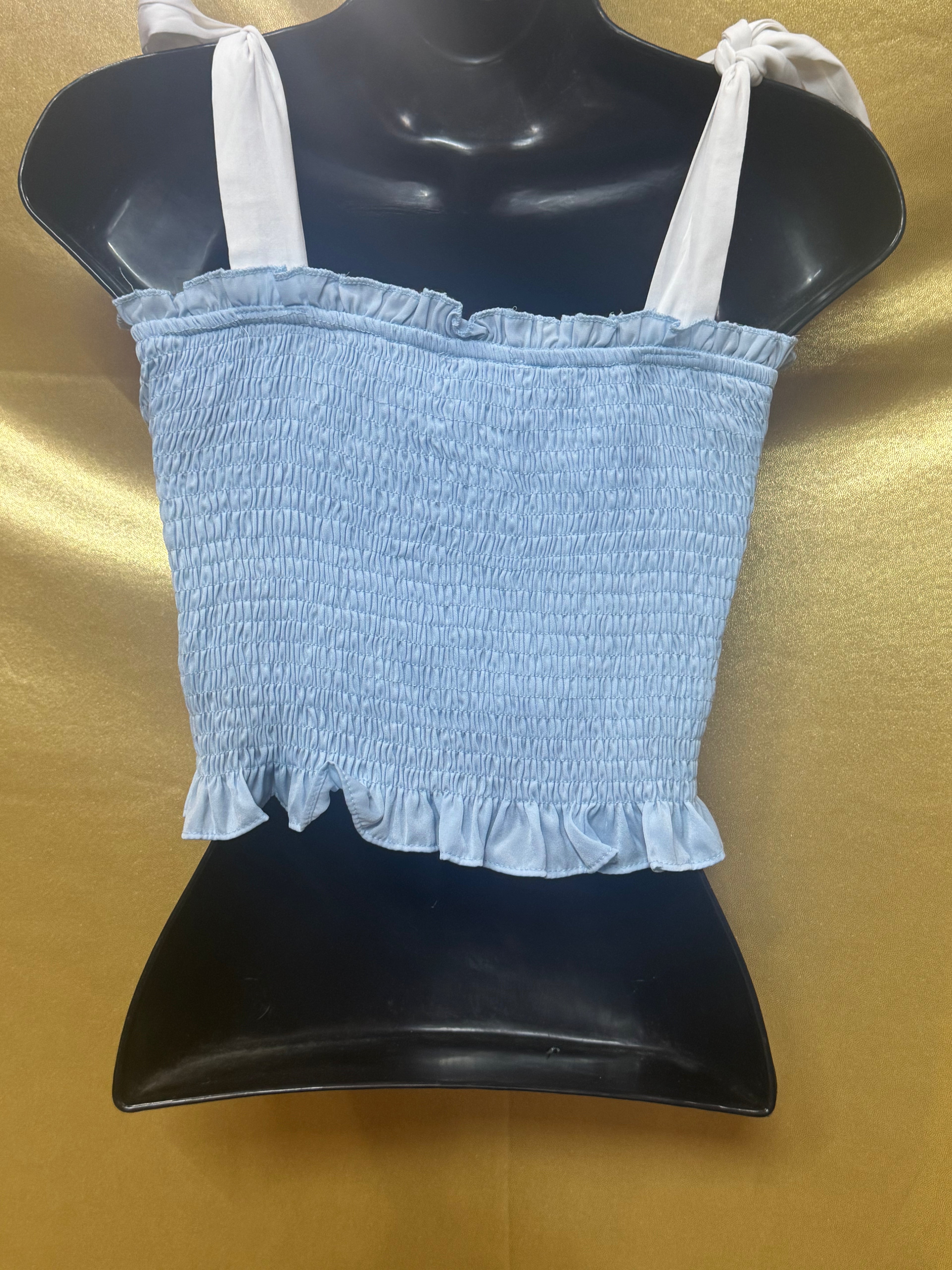 TCEC Light Blue Smocked Crop Top - Size S (Tie-Shoulder, Ruffled Trim)
