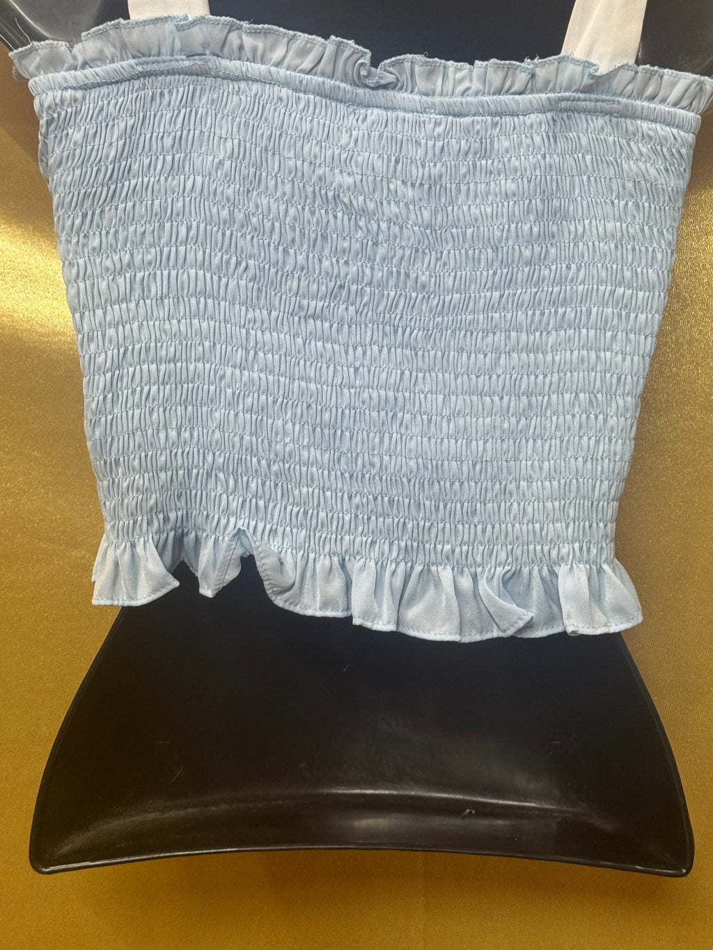 TCEC Light Blue Smocked Crop Top - Size S (Tie-Shoulder, Ruffled Trim)