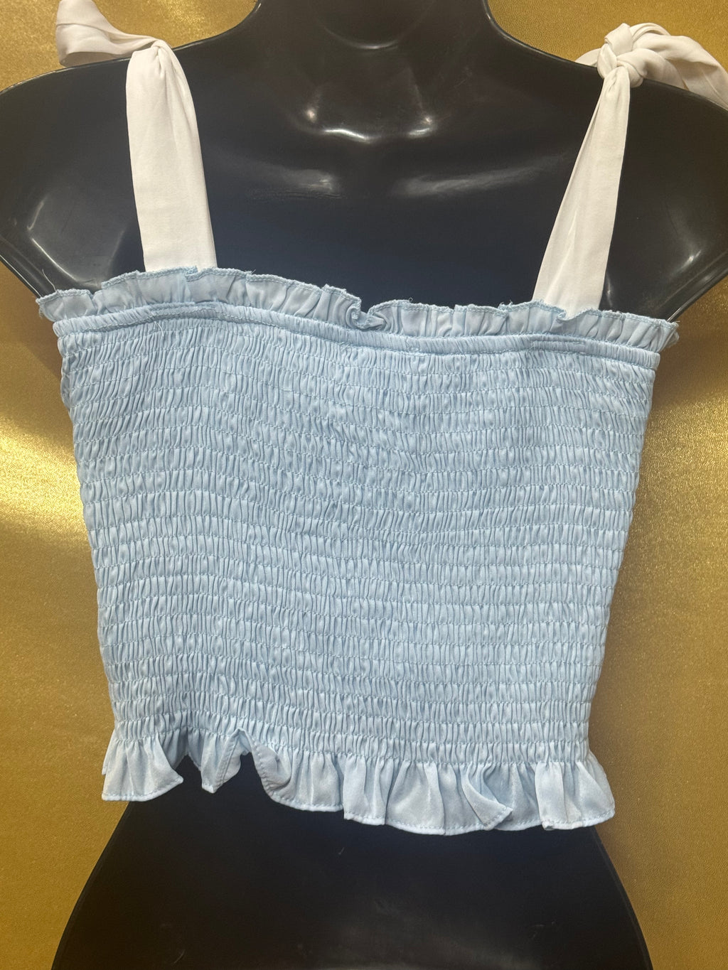 TCEC Light Blue Smocked Crop Top - Size S (Tie-Shoulder, Ruffled Trim)