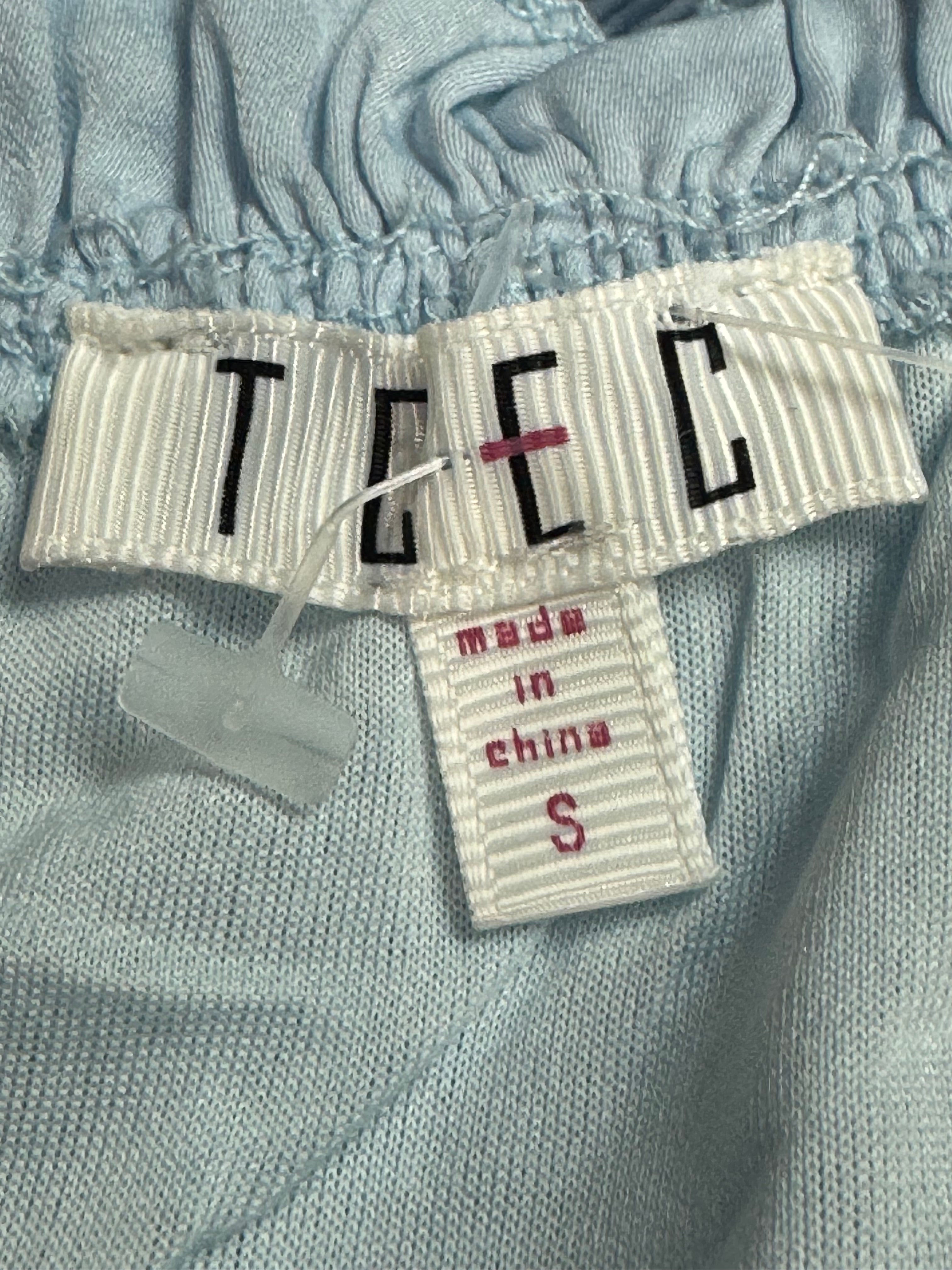 TCEC Light Blue Smocked Crop Top - Size S (Tie-Shoulder, Ruffled Trim)