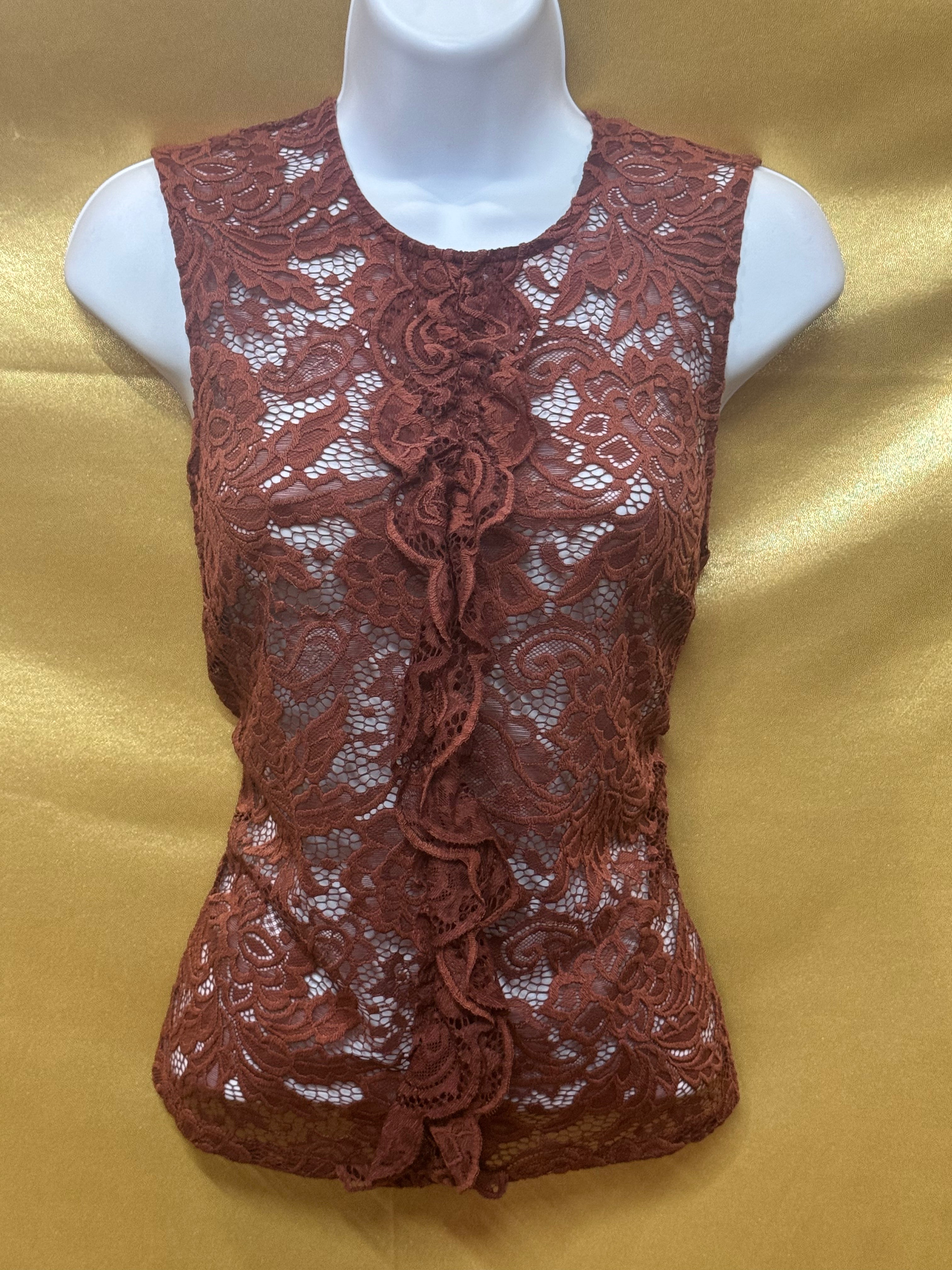 Who What Wear Rust Lace Sleeveless Top Ruffle Front Size S Sheer Boho