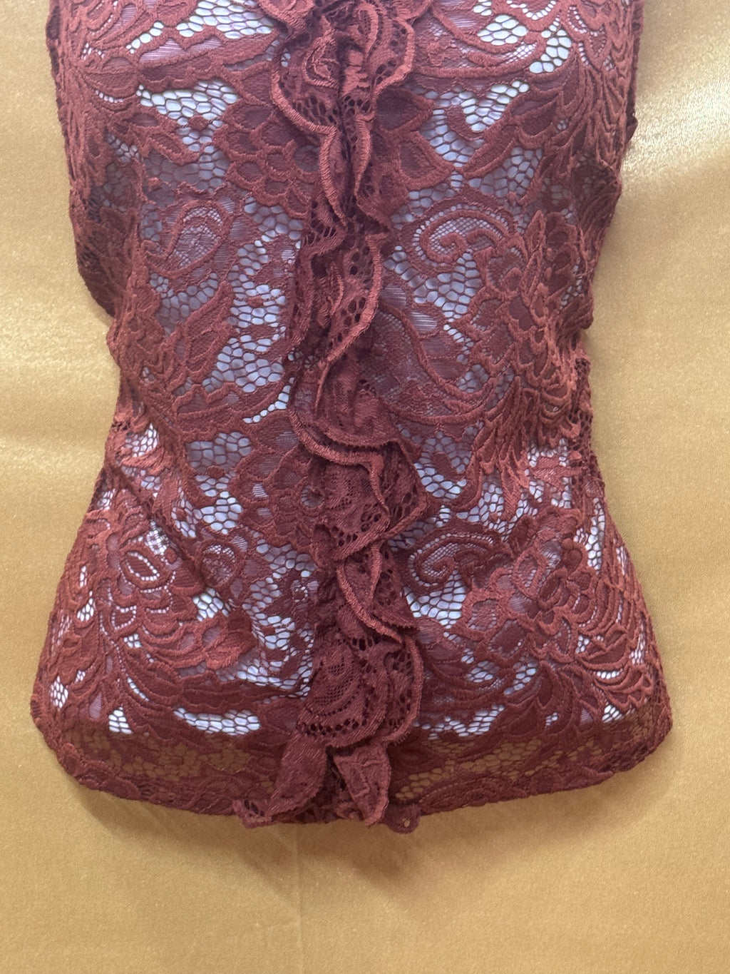 Who What Wear Rust Lace Sleeveless Top Ruffle Front Size S Sheer Boho