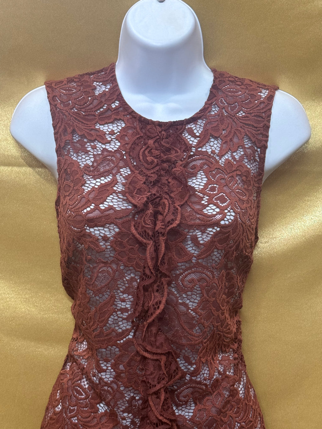 Who What Wear Rust Lace Sleeveless Top Ruffle Front Size S Sheer Boho