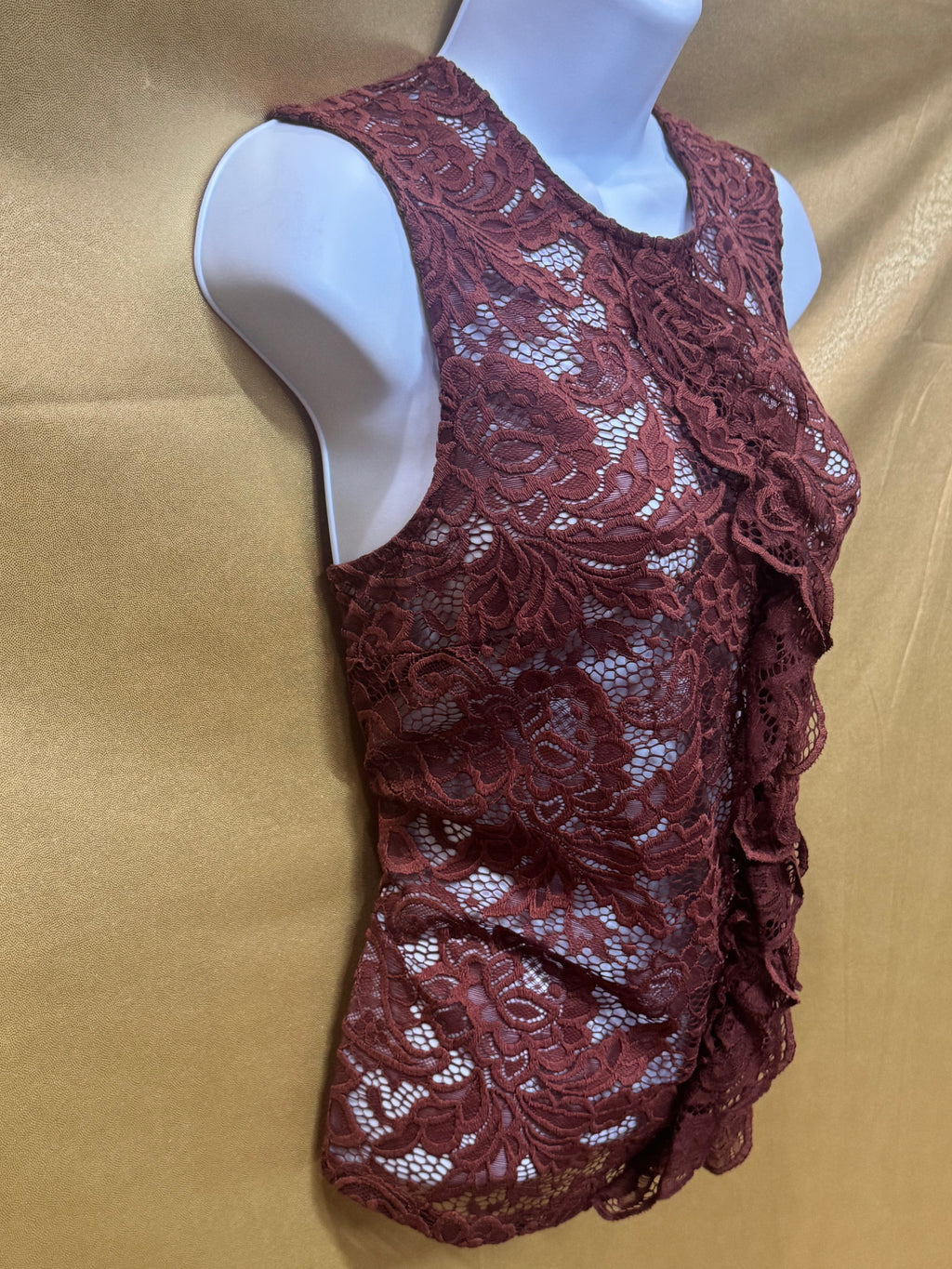 Who What Wear Rust Lace Sleeveless Top Ruffle Front Size S Sheer Boho