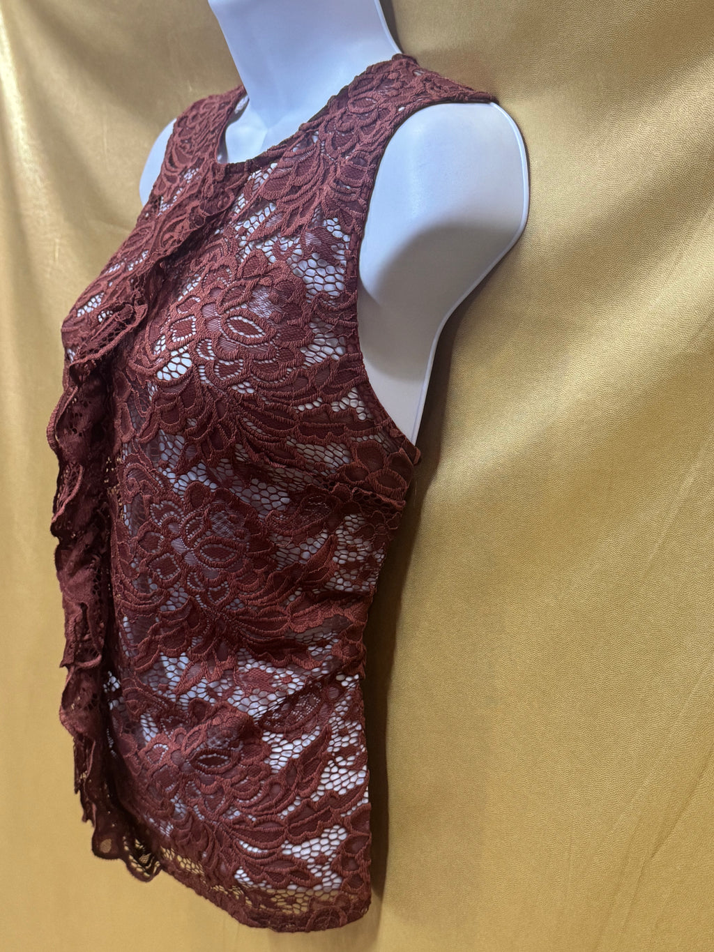 Who What Wear Rust Lace Sleeveless Top Ruffle Front Size S Sheer Boho