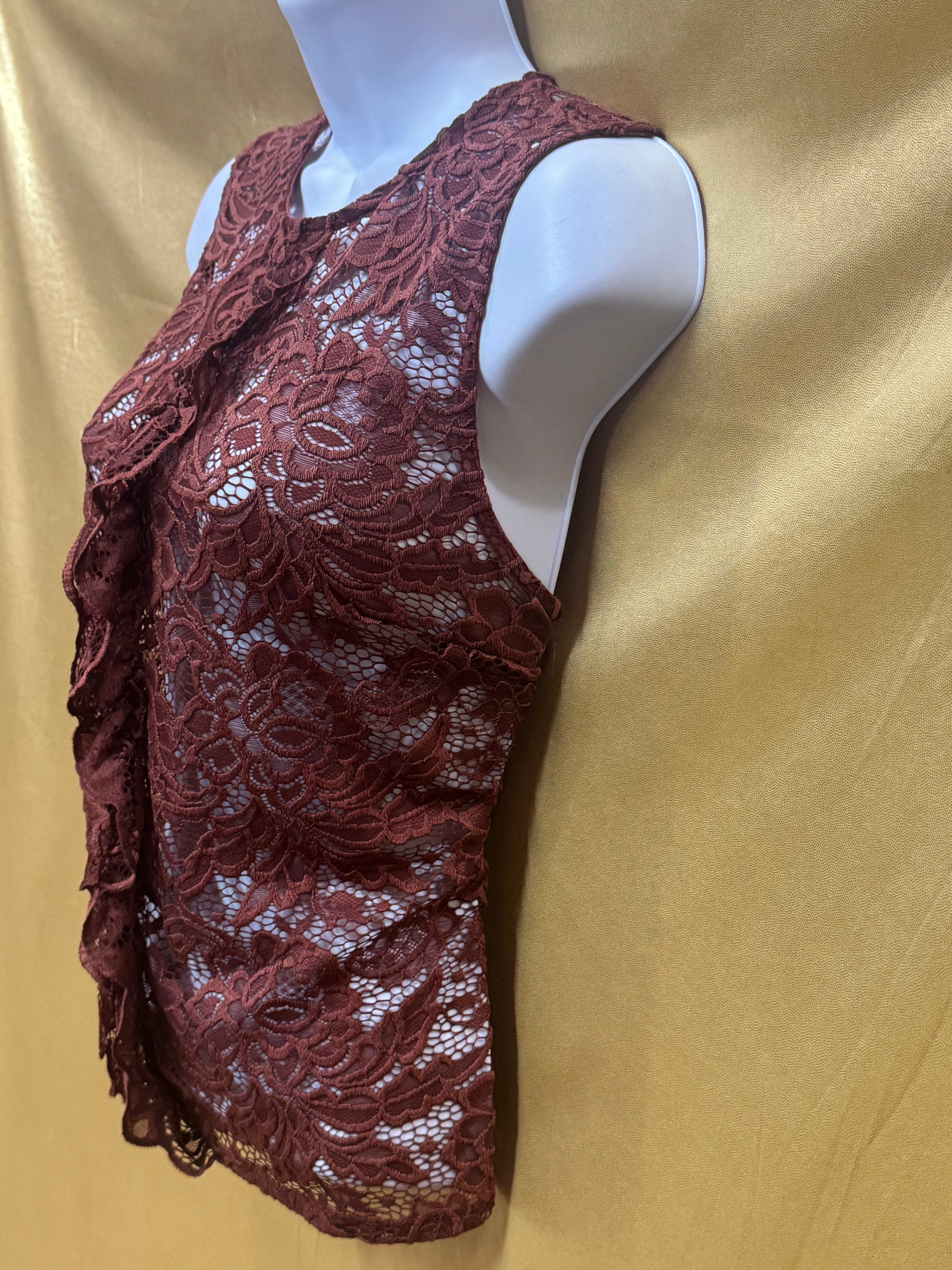 Who What Wear Rust Lace Sleeveless Top Ruffle Front Size S Sheer Boho