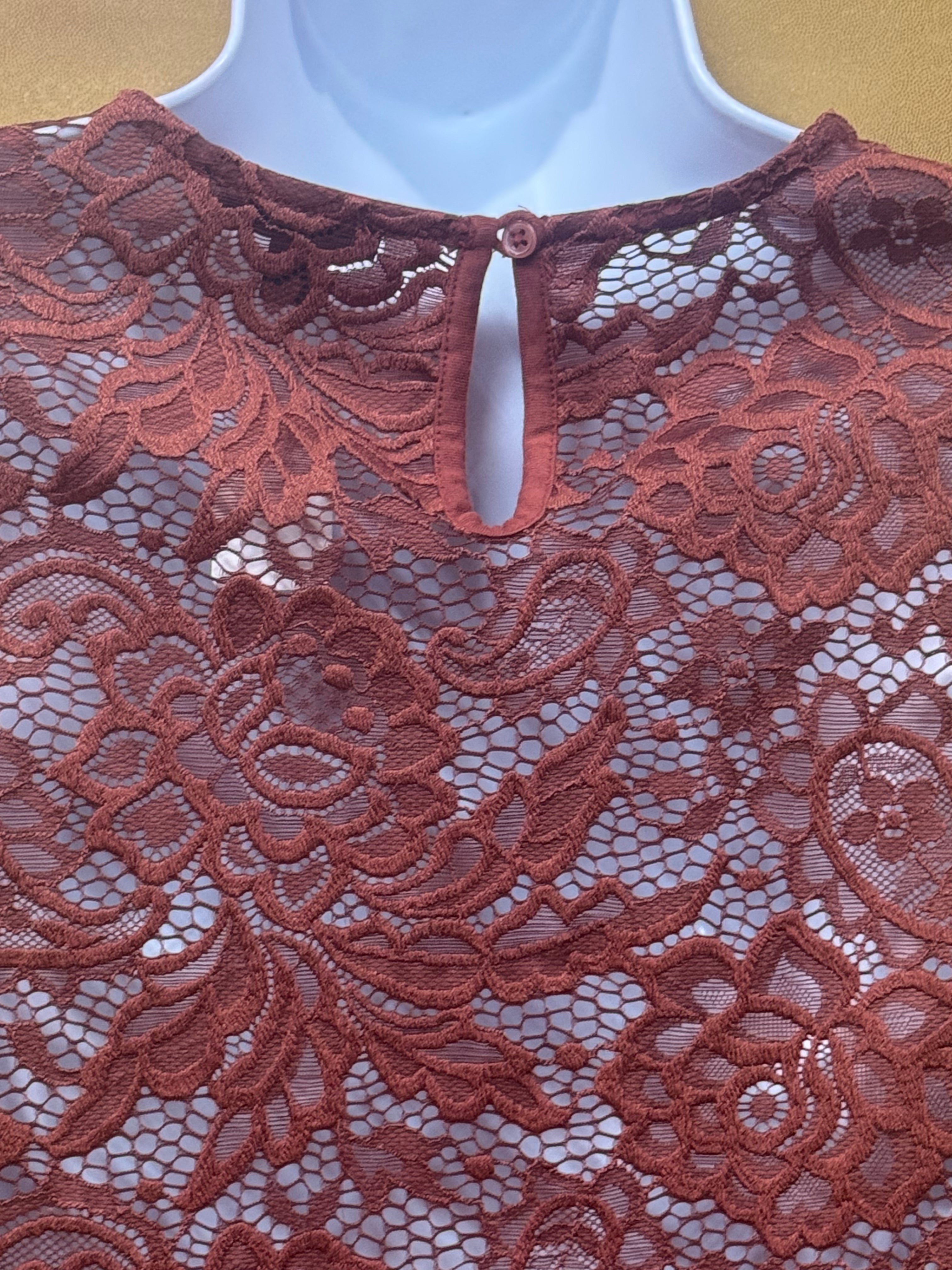 Who What Wear Rust Lace Sleeveless Top Ruffle Front Size S Sheer Boho