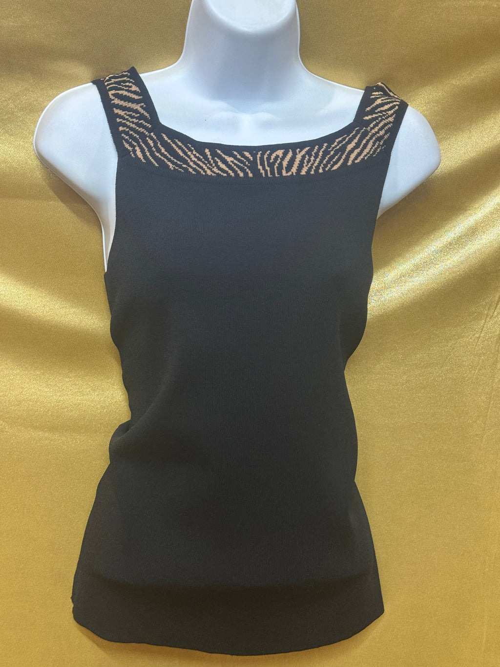 Grace Elements Black Square-Neck Knit Tank Top with Animal Print Trim – Size Small