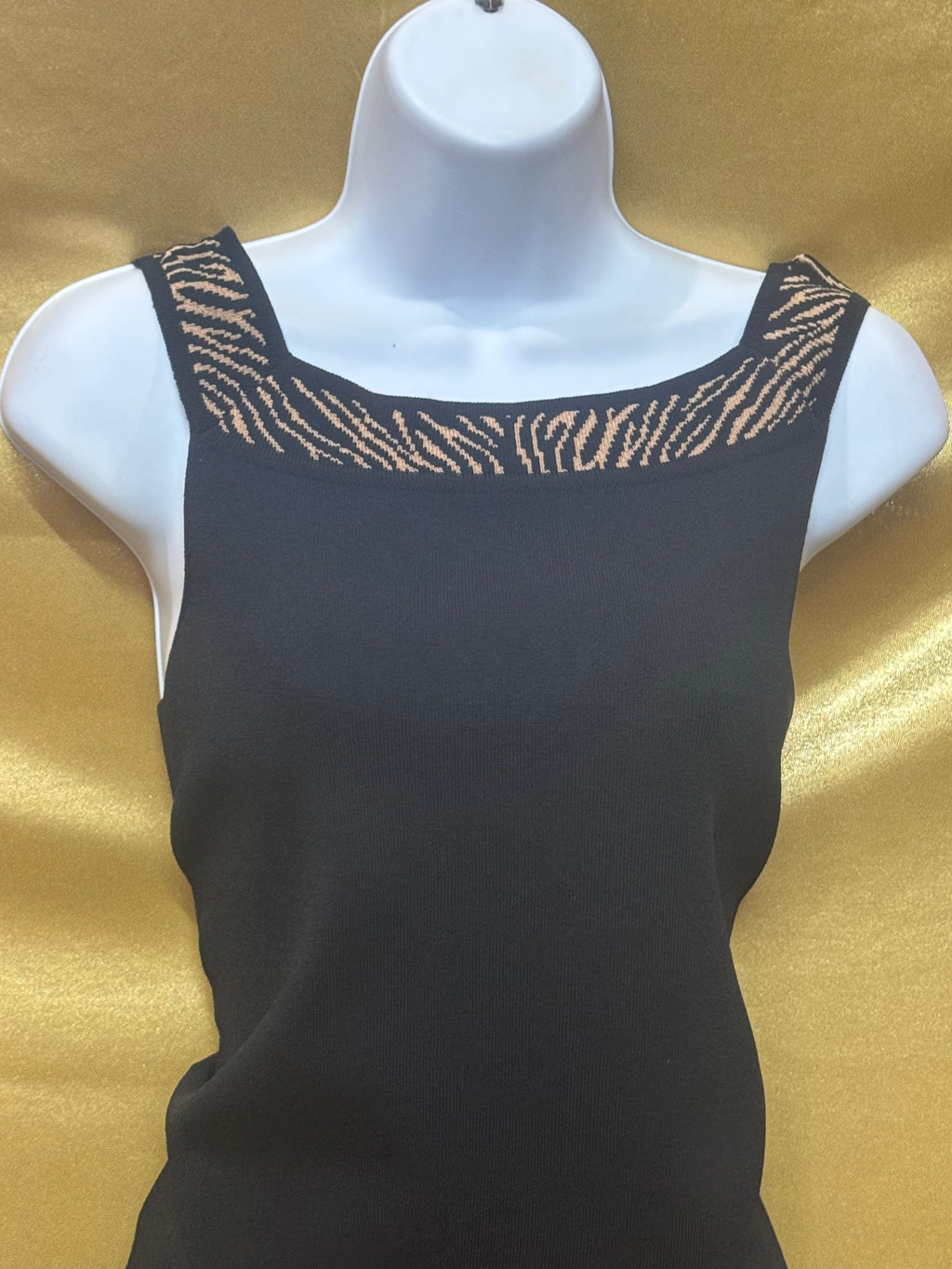 Grace Elements Black Square-Neck Knit Tank Top with Animal Print Trim – Size Small