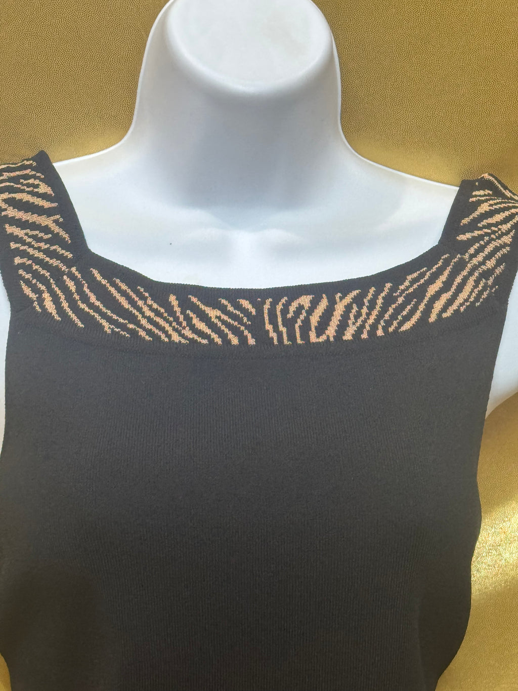 Grace Elements Black Square-Neck Knit Tank Top with Animal Print Trim – Size Small