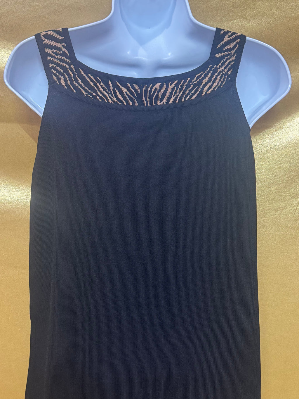 Grace Elements Black Square-Neck Knit Tank Top with Animal Print Trim – Size Small