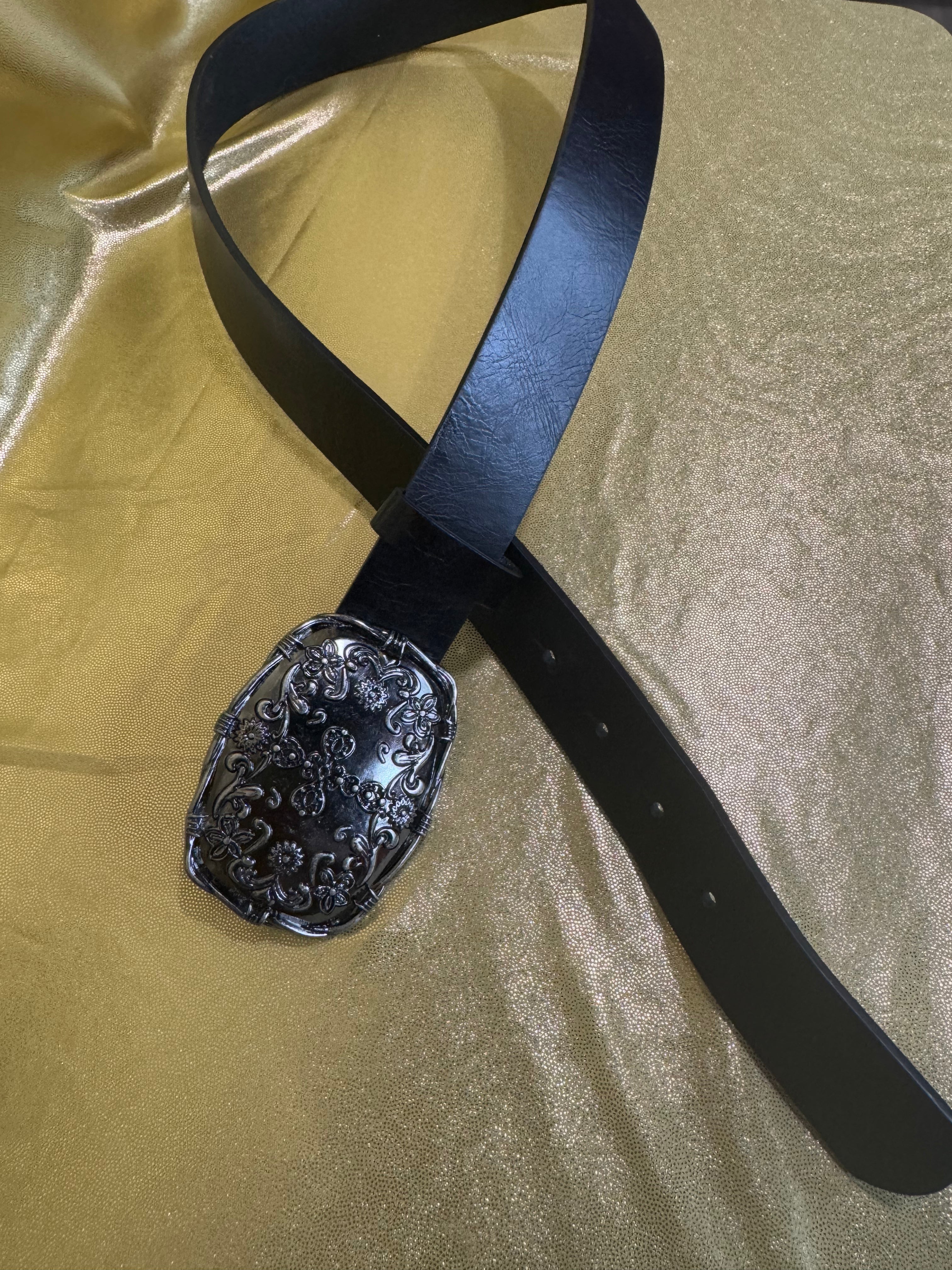 Western Gothic Floral Cross Buckle Black Belt Med/36