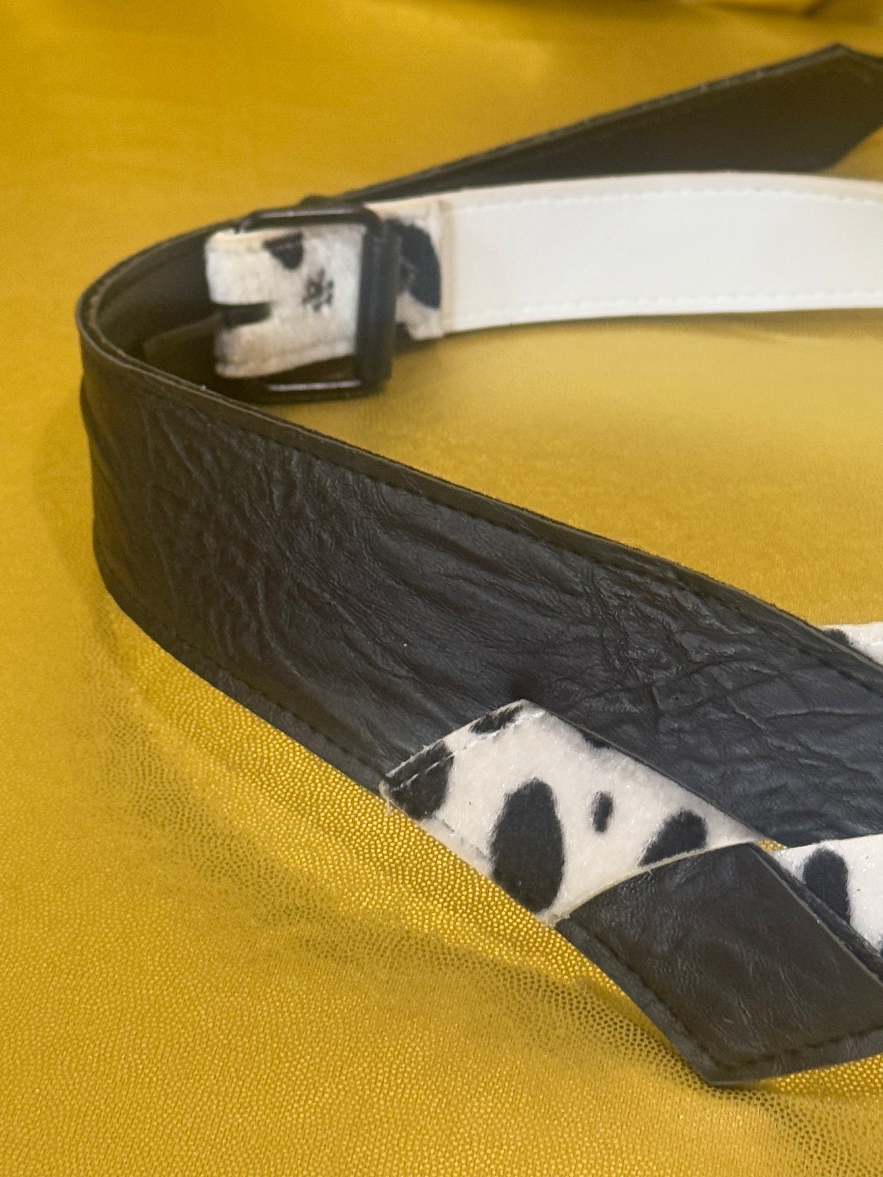Vtg Y2K Asymmetric Cow Print & Leather V-Shape Statement Belt | Size S/M (30”)