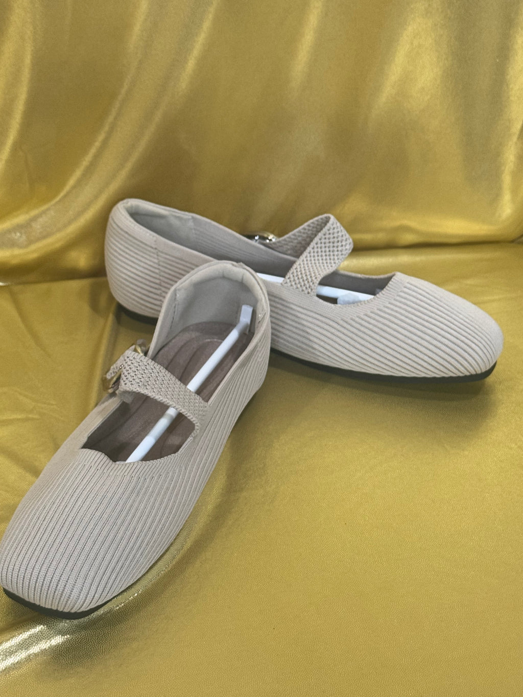 New Square-Toe Apricot Knit Mary Jane Ballet Flats - Size 36 (US 5/5.5)
