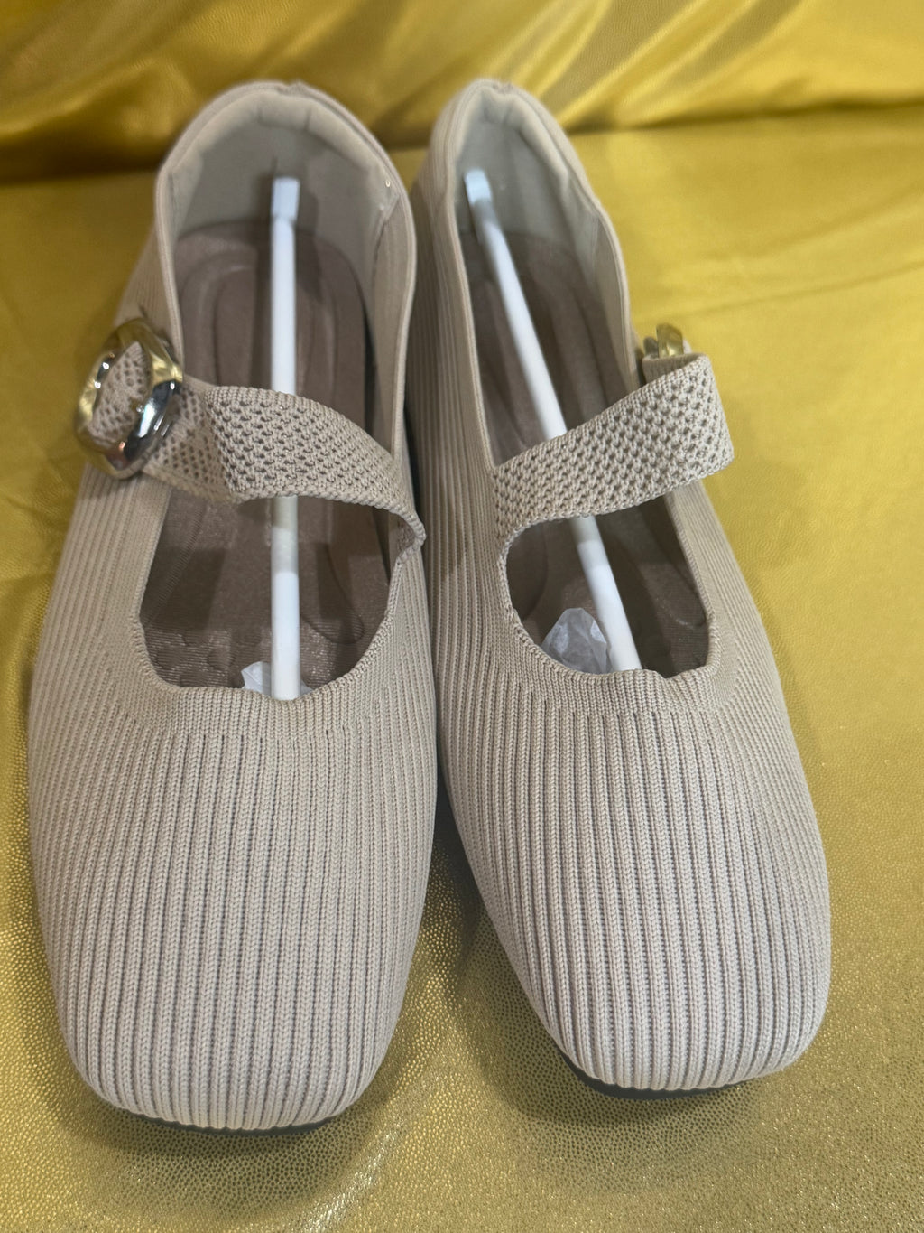 New Square-Toe Apricot Knit Mary Jane Ballet Flats - Size 36 (US 5/5.5)