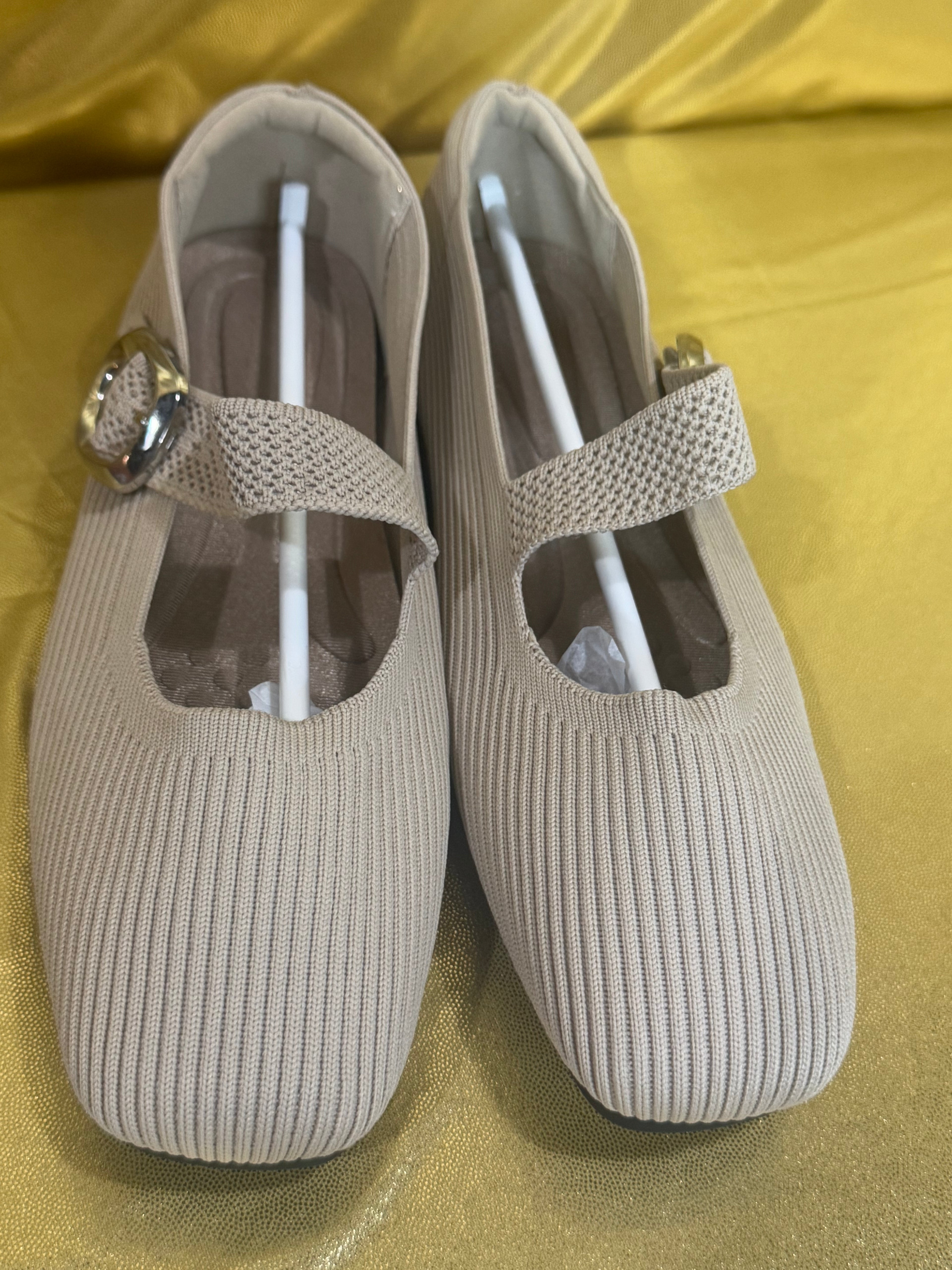 New Square-Toe Apricot Knit Mary Jane Ballet Flats - Size 36 (US 5/5.5)