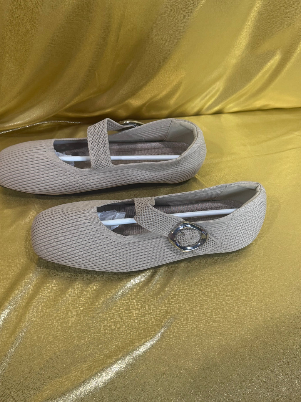 New Square-Toe Apricot Knit Mary Jane Ballet Flats - Size 36 (US 5/5.5)
