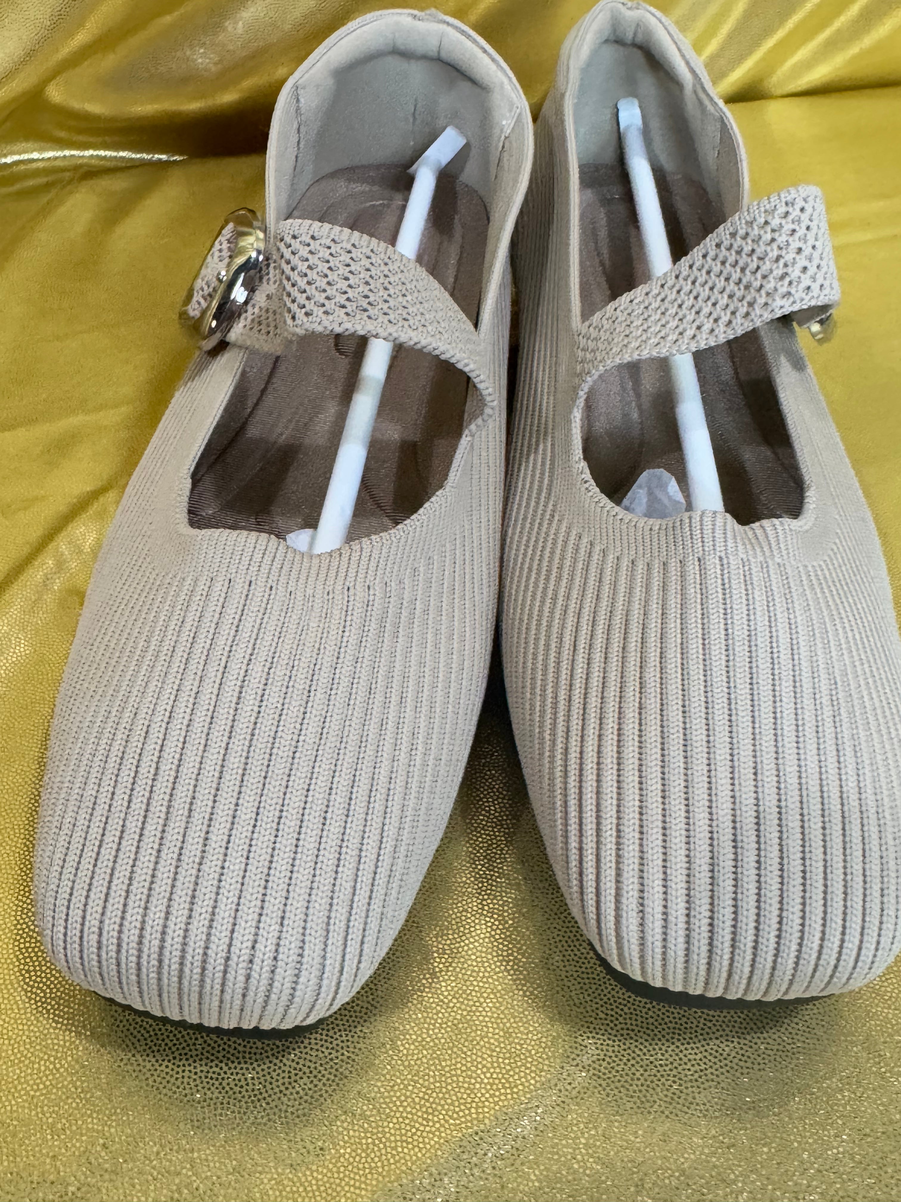 New Square-Toe Apricot Knit Mary Jane Ballet Flats - Size 36 (US 5/5.5)