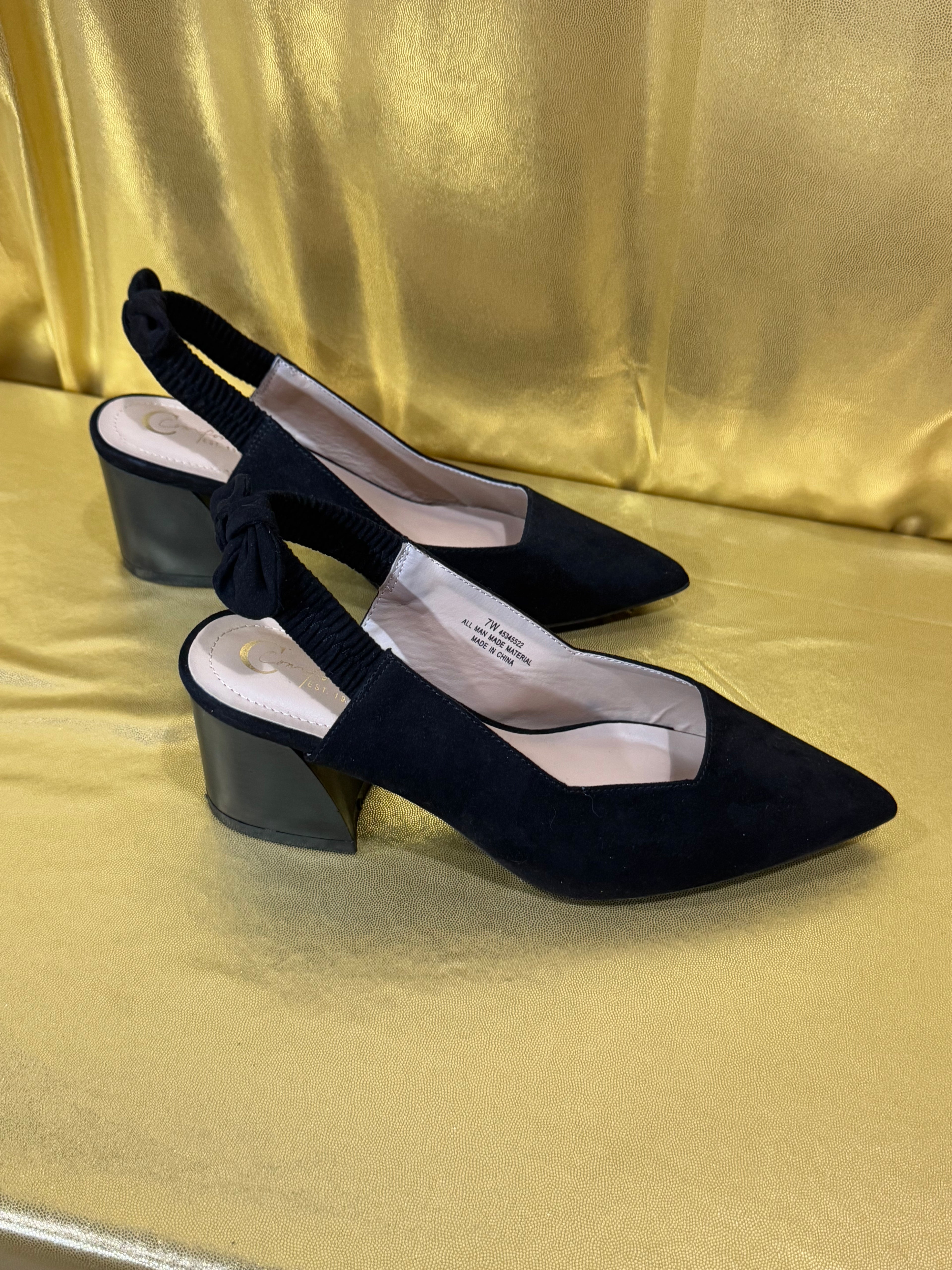 C Comfort 1946 Black Suede Pointed Toe Slingback Block Heels Bow Size 7W