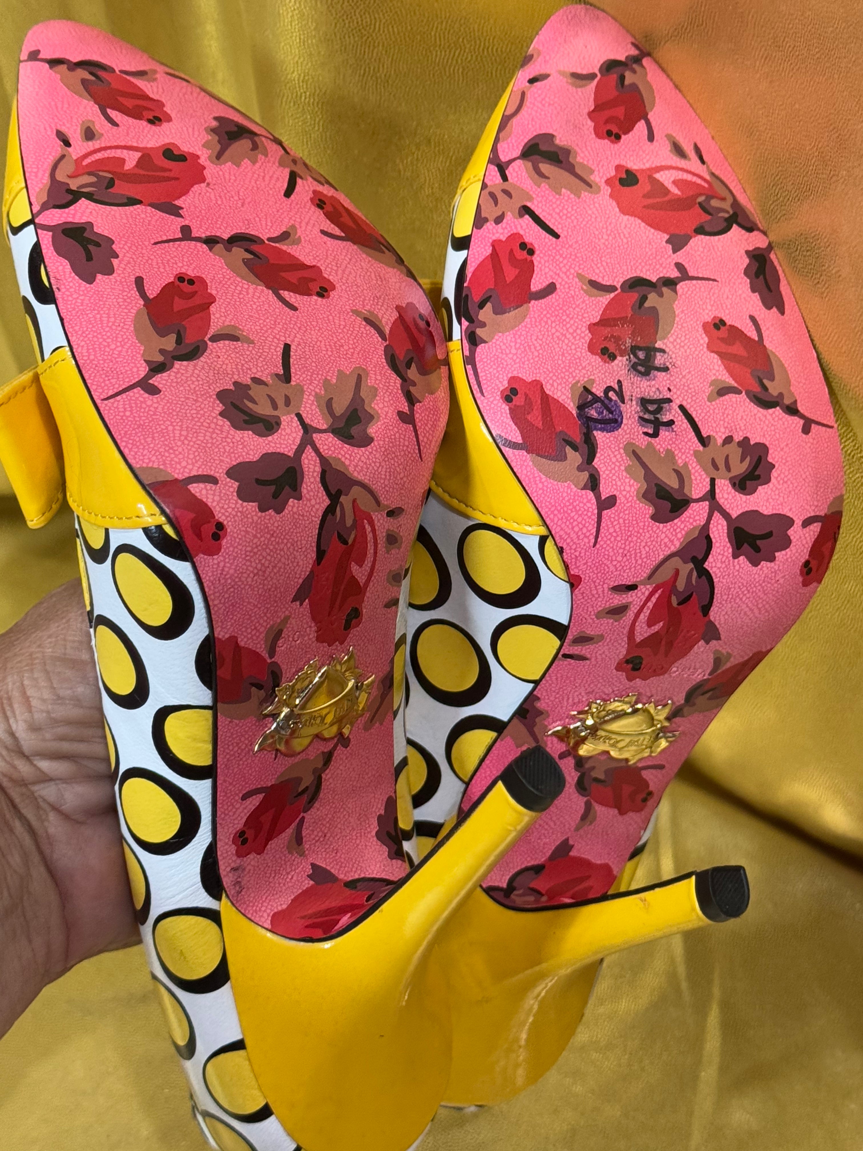 Vintage Betsey Johnson Yellow Polka Dot Patent Bow Heels - Size 7.5 M New