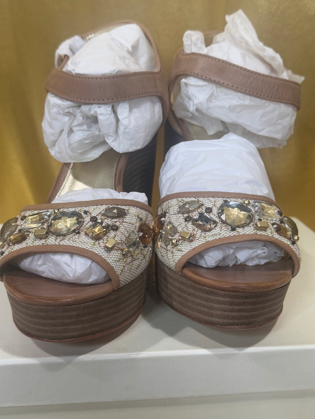 Coach Hanson NIB Jeweled Rhinestone Platform Wedge Sandals Tan Gold Size 10