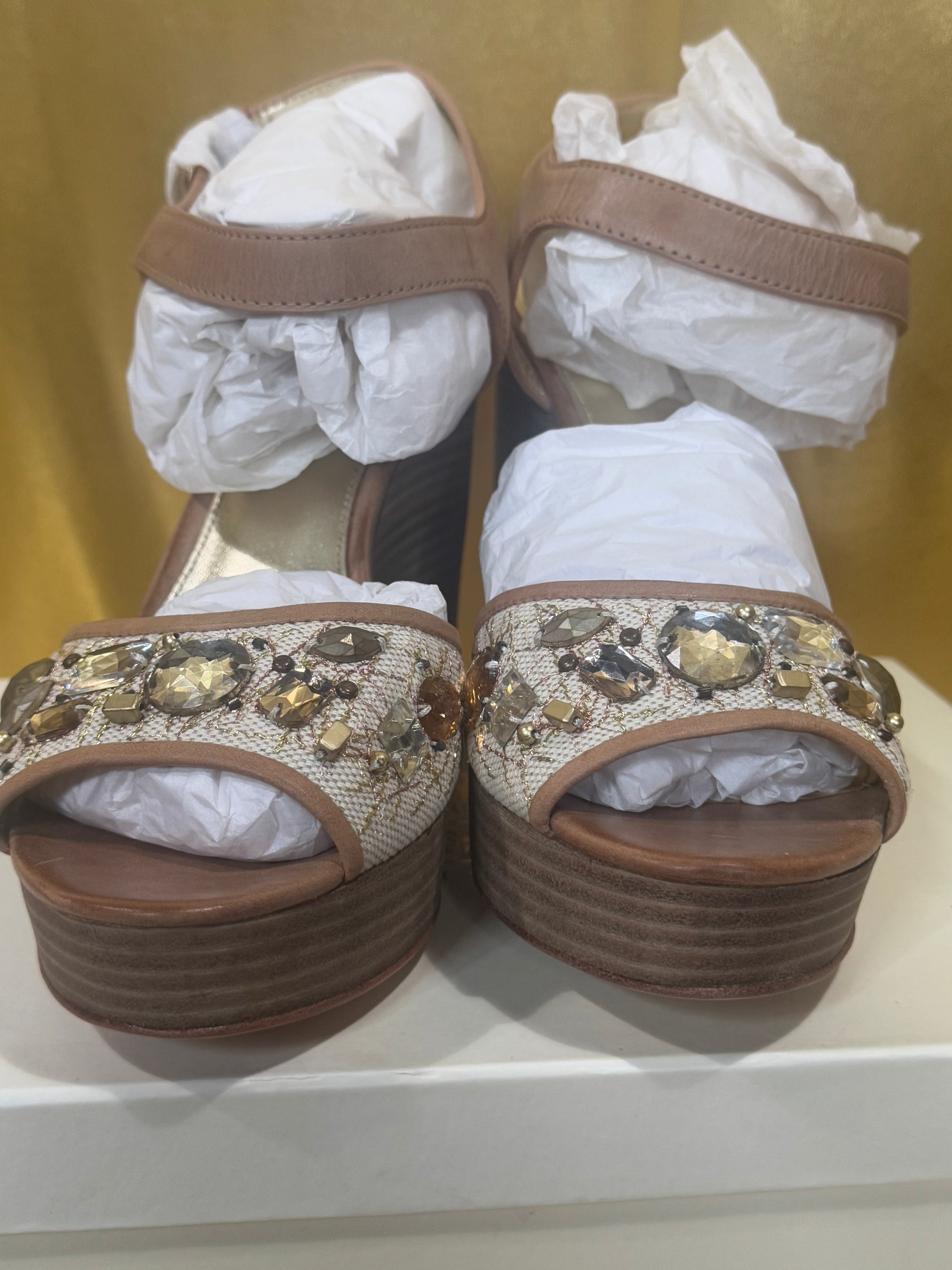 Coach Hanson NIB Jeweled Rhinestone Platform Wedge Sandals Tan Gold Size 10