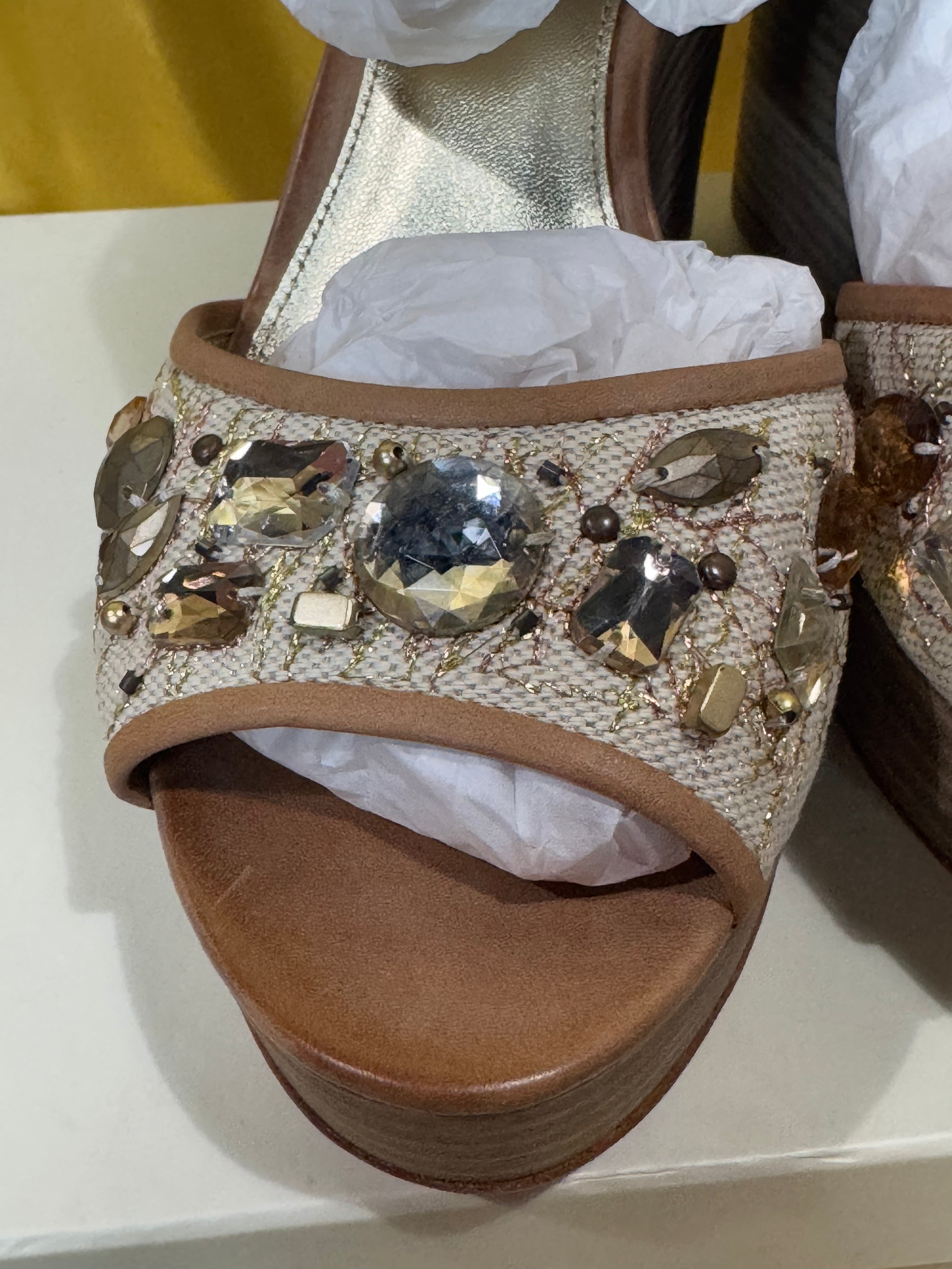 Coach Hanson NIB Jeweled Rhinestone Platform Wedge Sandals Tan Gold Size 10