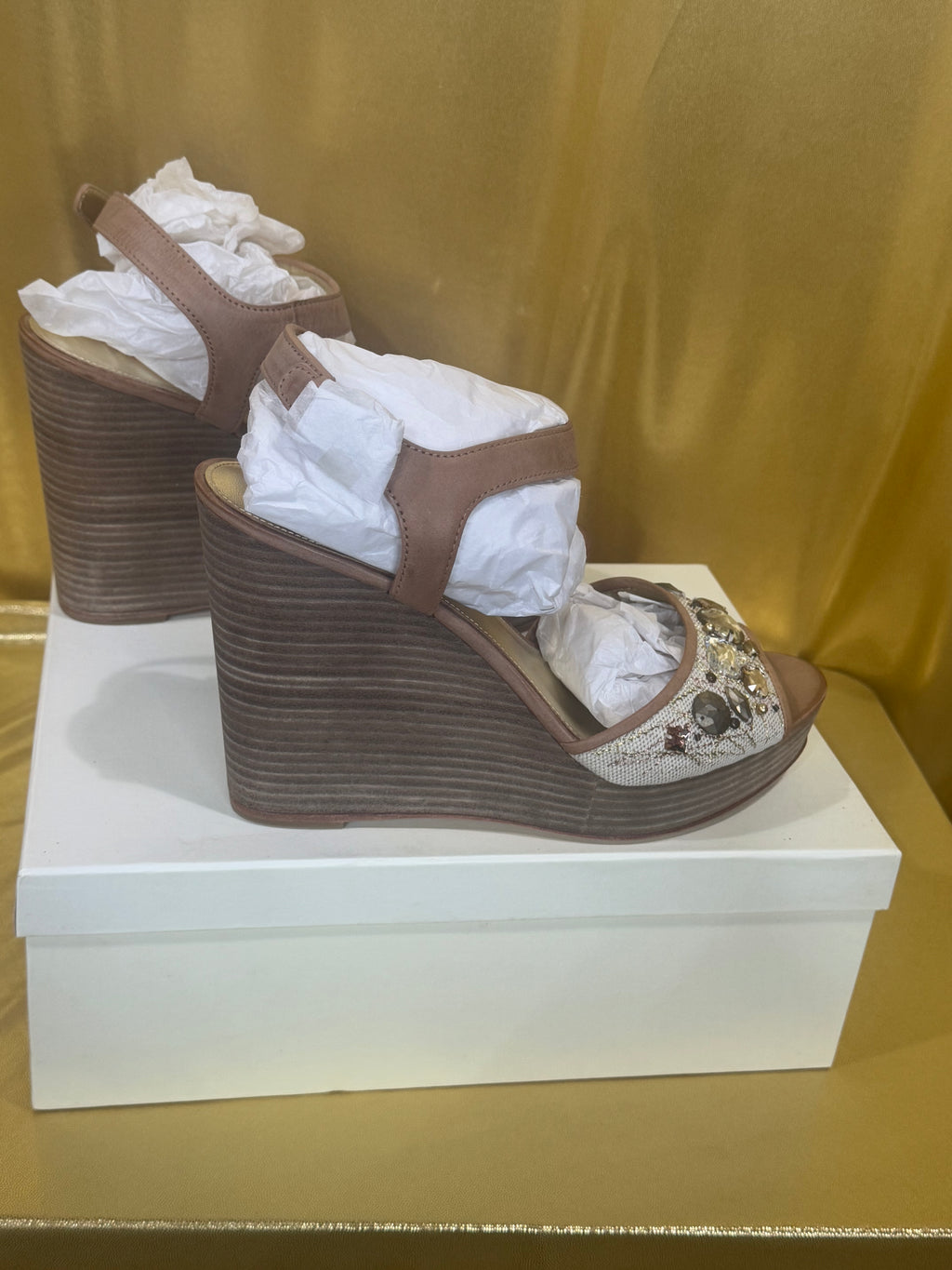 Coach Hanson NIB Jeweled Rhinestone Platform Wedge Sandals Tan Gold Size 10