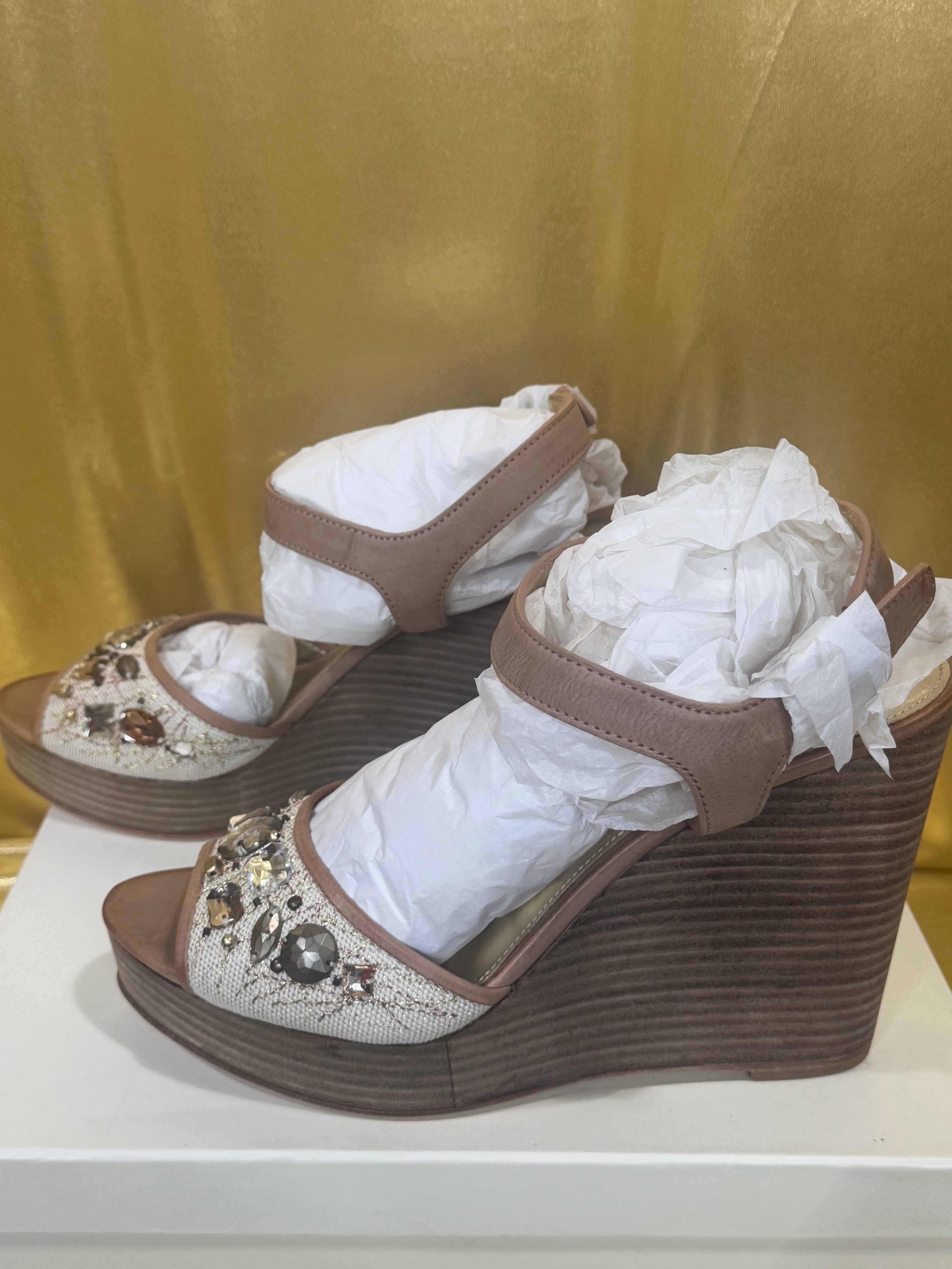 Coach Hanson NIB Jeweled Rhinestone Platform Wedge Sandals Tan Gold Size 10