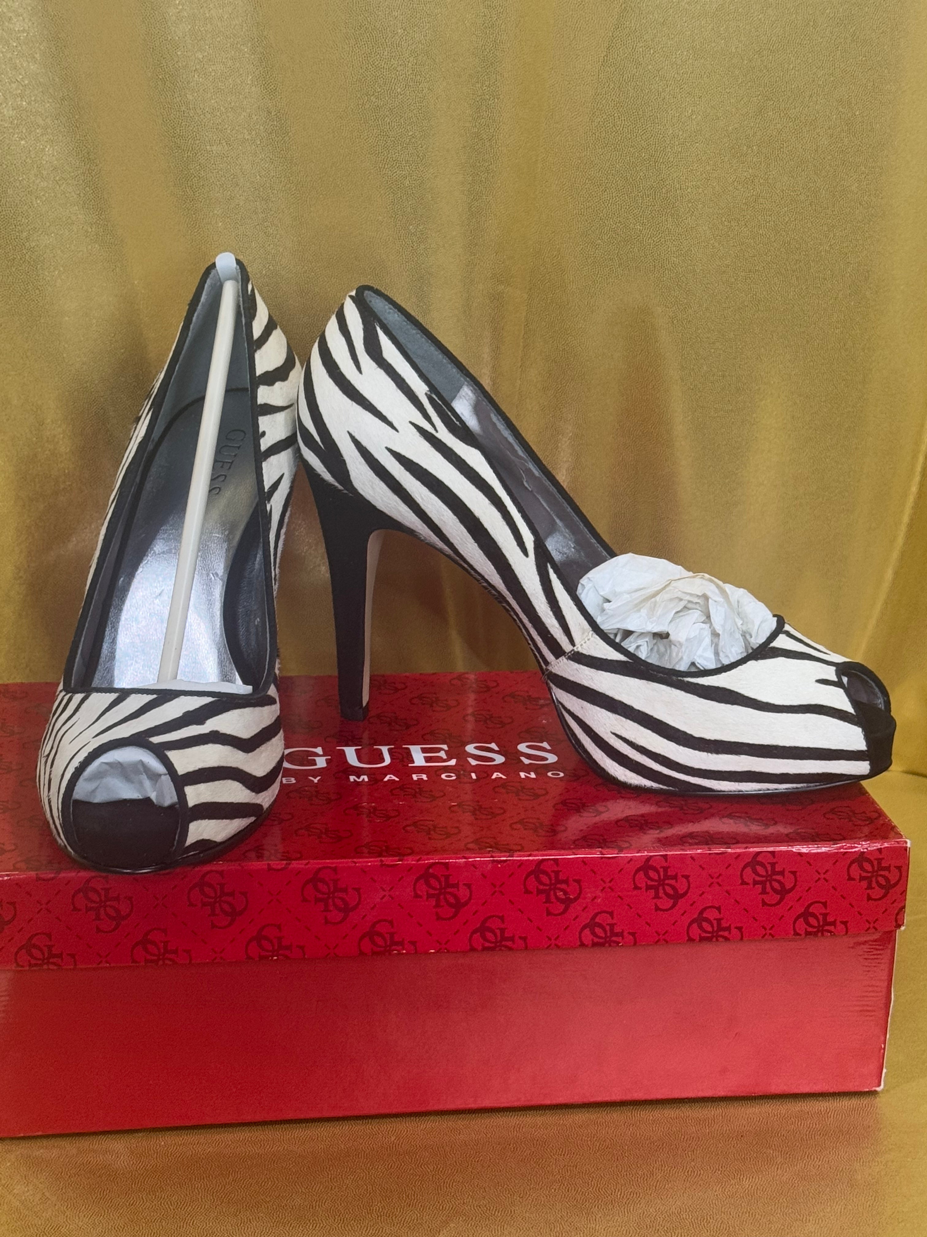 NIB Guess by Marciano Zebra Print Calf Hair Peep-Toe Pumps Stiletto Heels 7.5