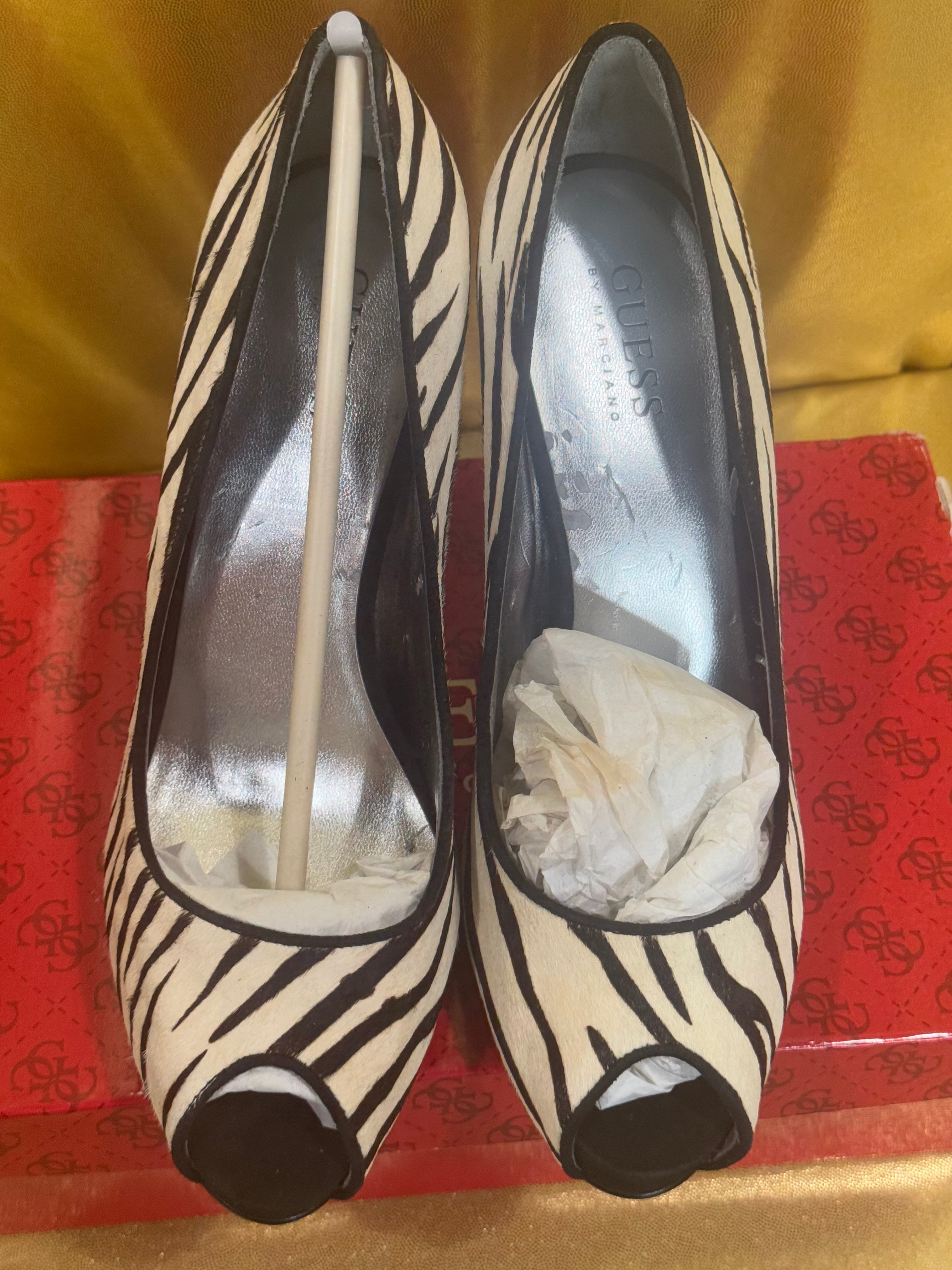 NIB Guess by Marciano Zebra Print Calf Hair Peep-Toe Pumps Stiletto Heels 7.5