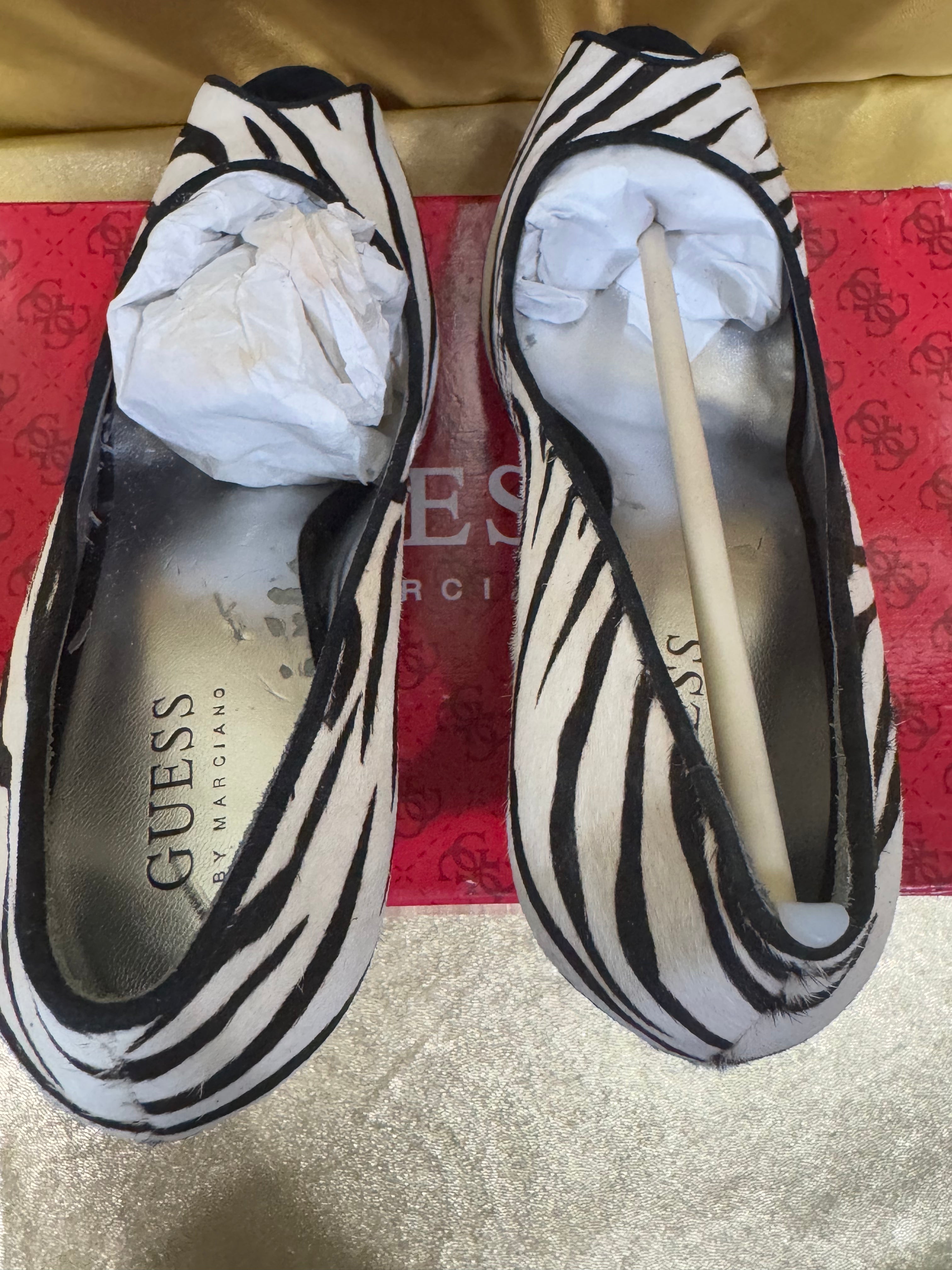 NIB Guess by Marciano Zebra Print Calf Hair Peep-Toe Pumps Stiletto Heels 7.5