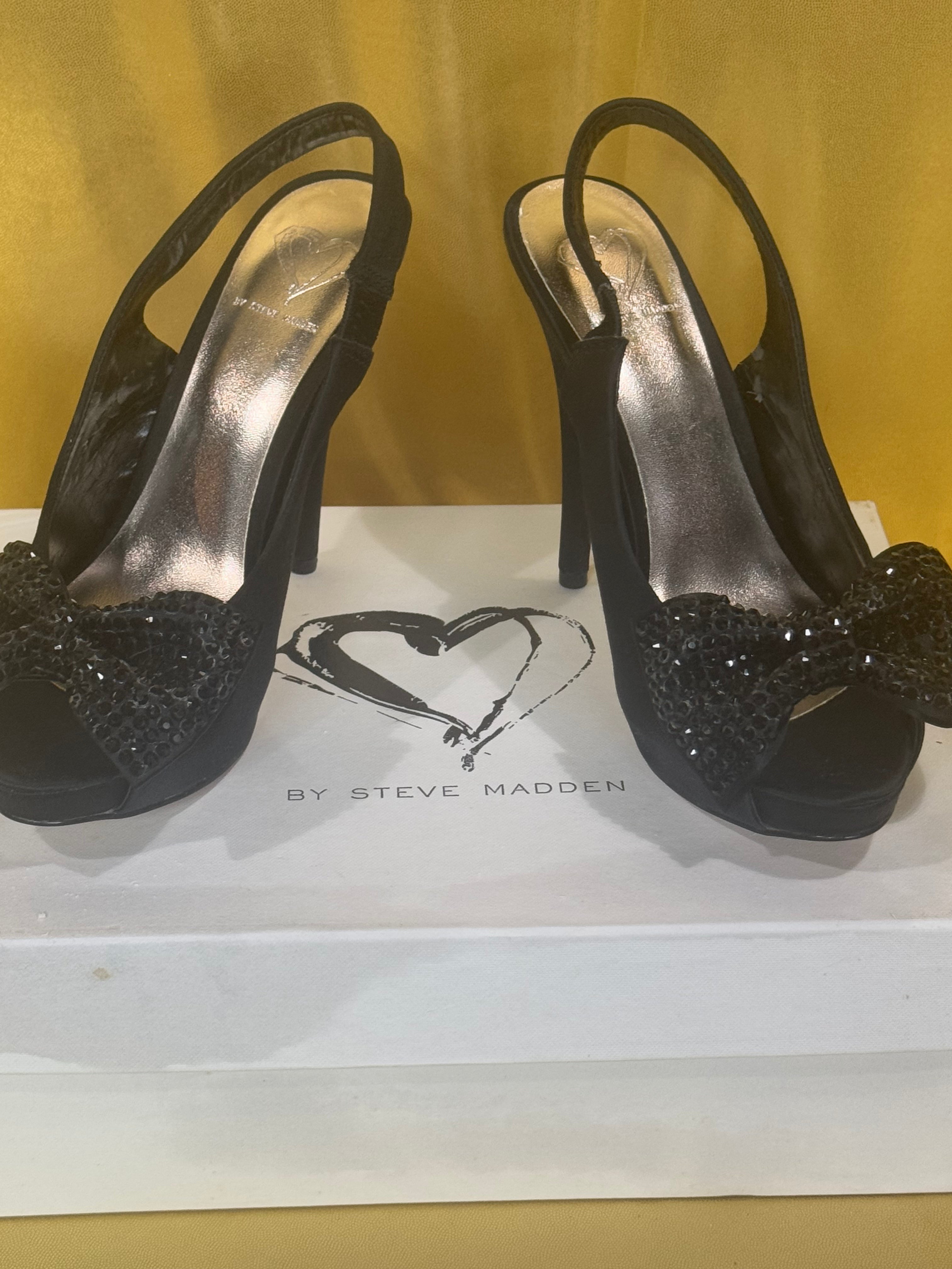 NIB Steve Madden MINNI Black Satin Sequin Bow Platform Slingback Heels Size 6.5